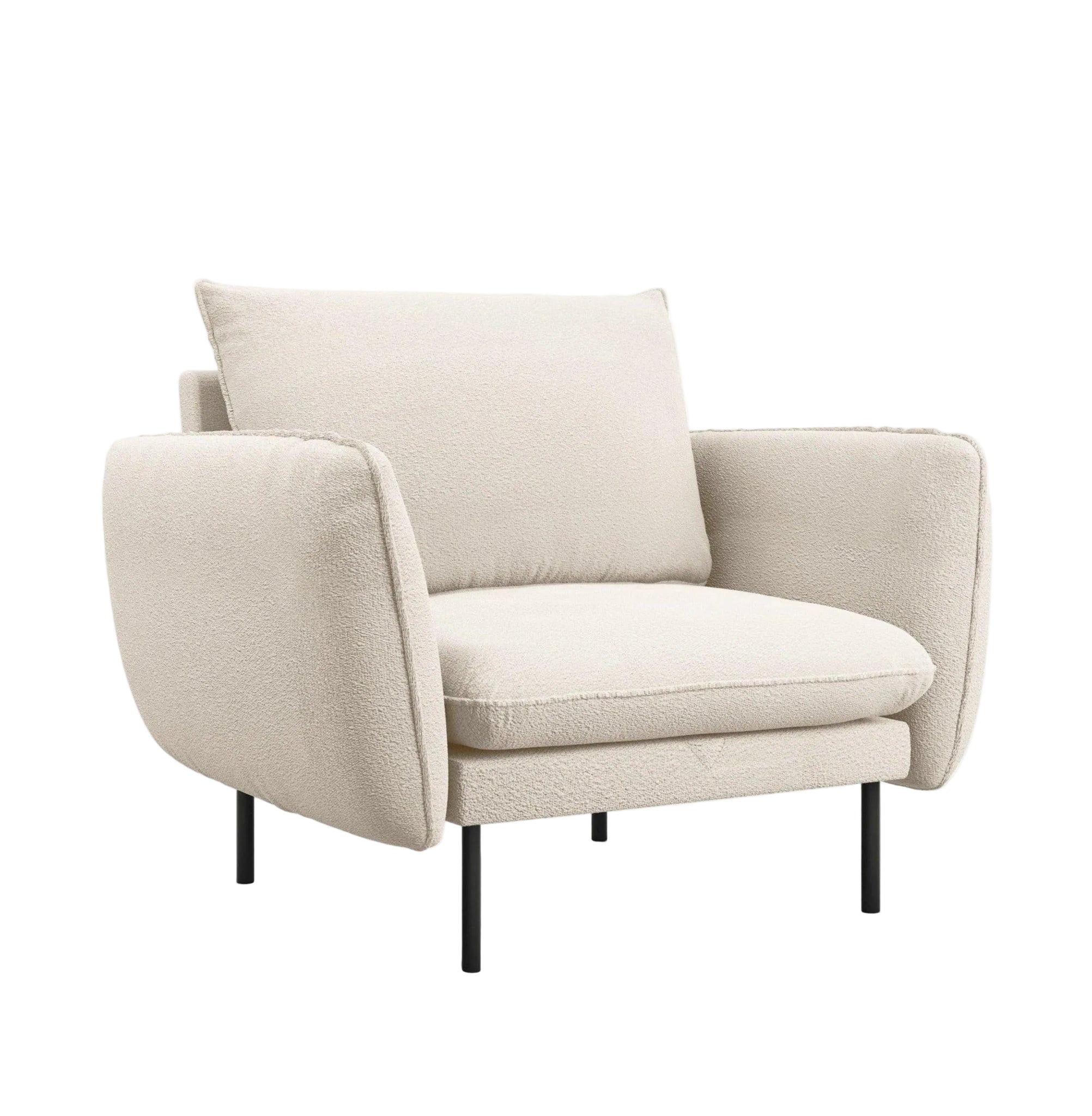 Fotel w tkaninie boucle VIENNA beżowy z czarną podstawą Cosmopolitan Design Eye on Design