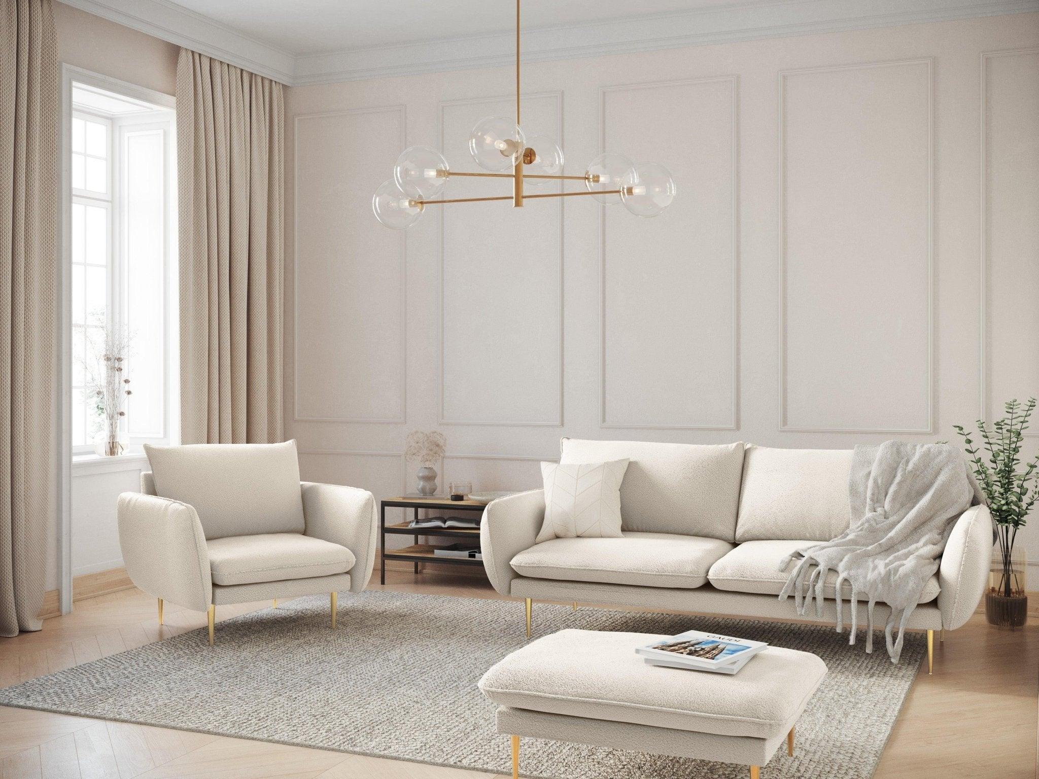 Fotel w tkaninie boucle VIENNA beżowy ze złotą podstawą Cosmopolitan Design Eye on Design