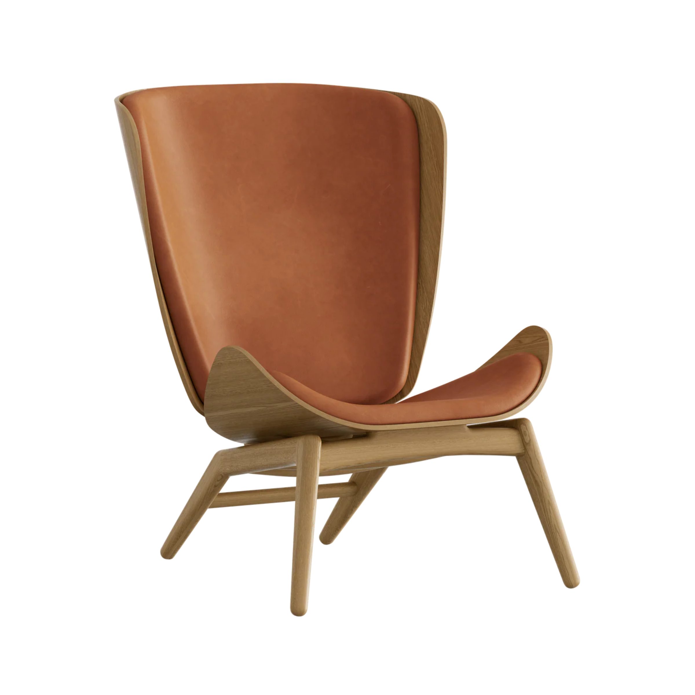 READER armchair in cognac leather with oak base