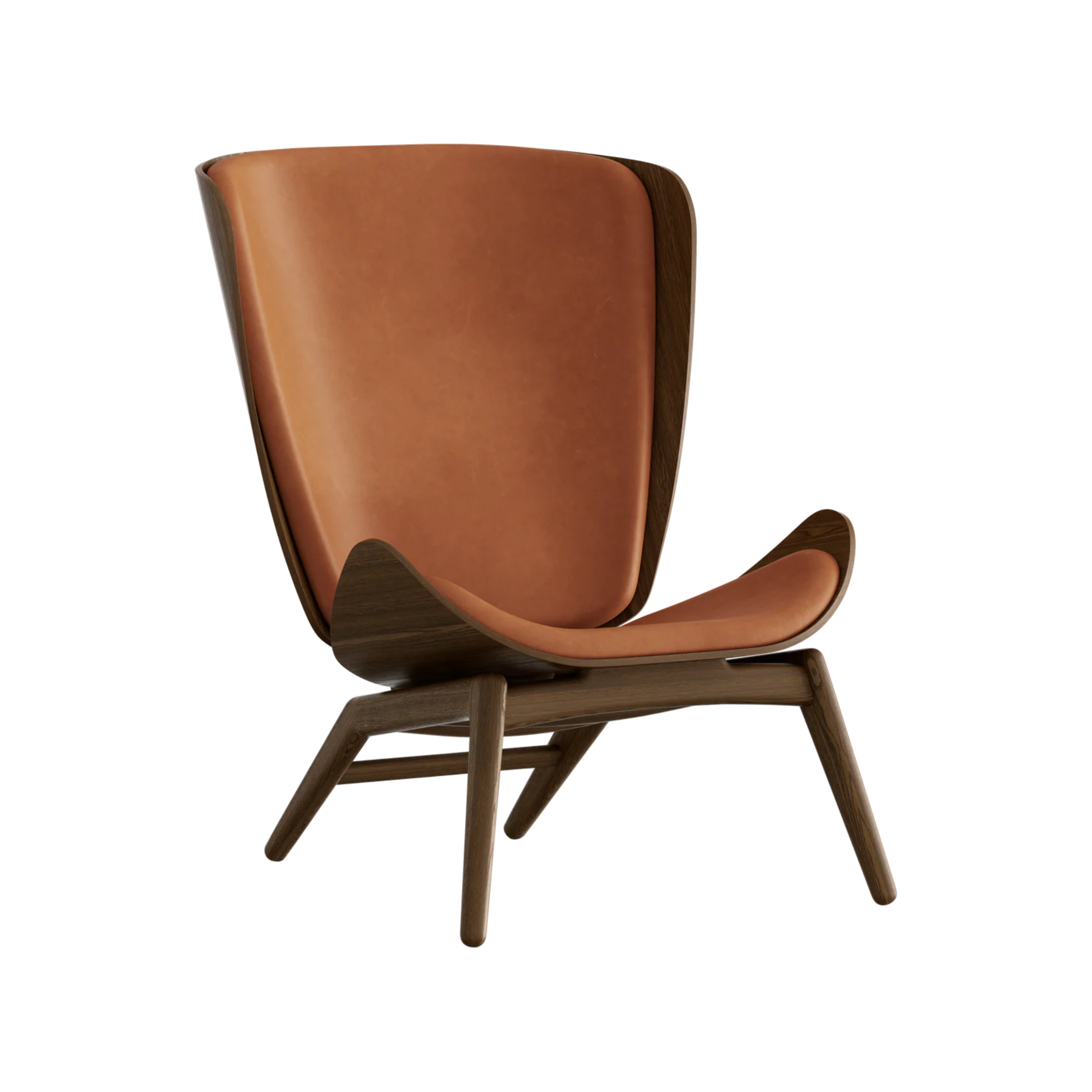 READER armchair in cognac leather with a dark oak base