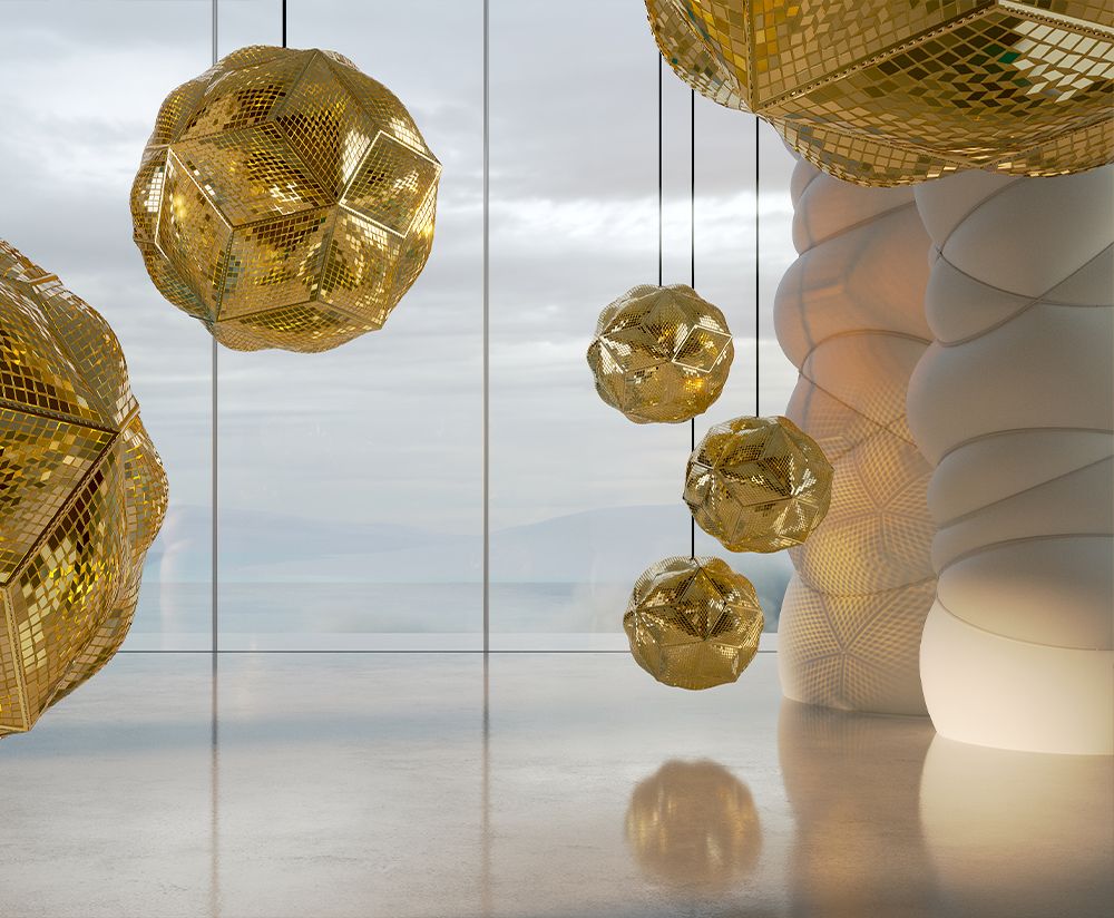 Zlatá závěsná lampa PUFF