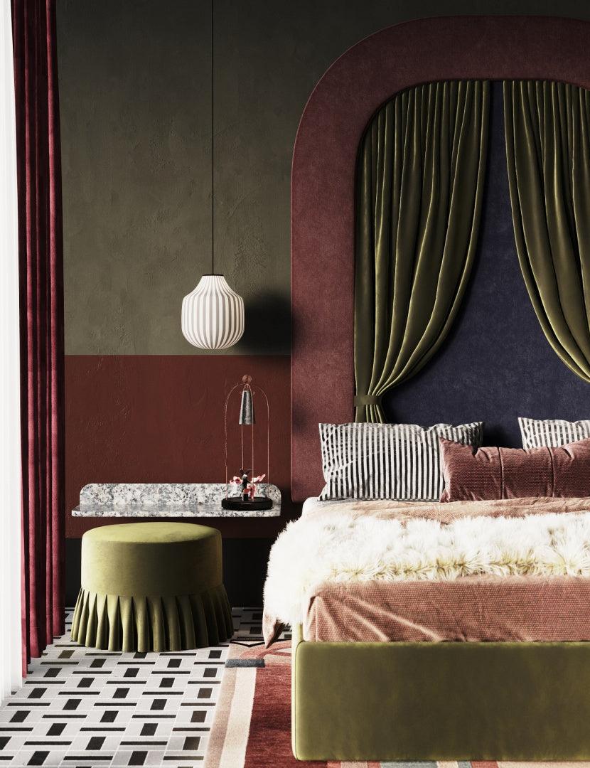 Łóżko tapicerowane ALICE róż z zieloną kurtyną Happy Barok Eye on Design