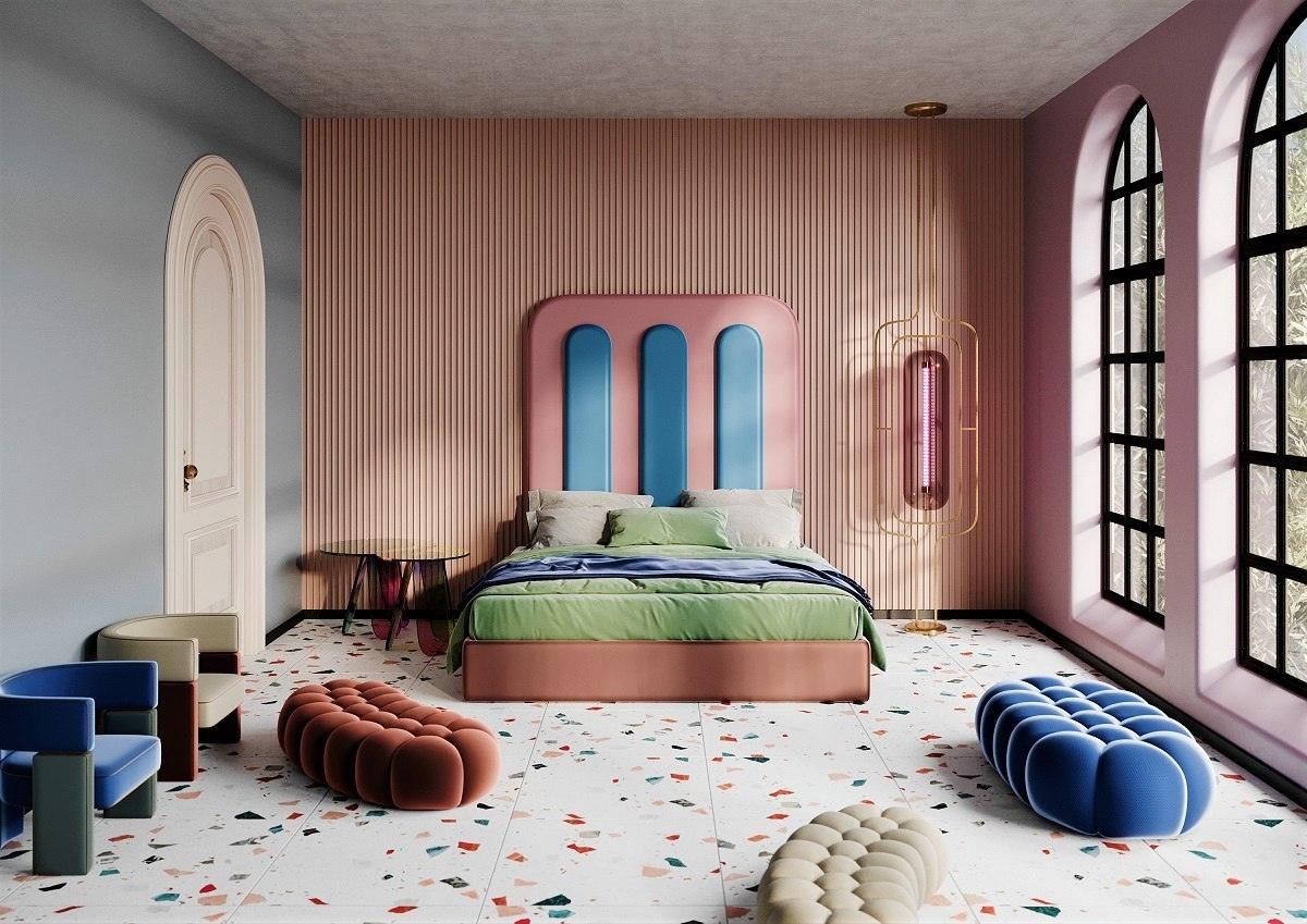 Łóżko tapicerowane BISQUIT różowy z niebieskim Happy Barok Eye on Design