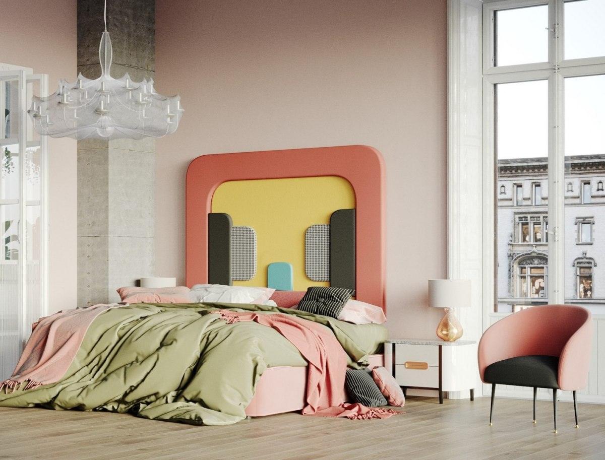 Łóżko tapicerowane PLUM 3 koralowy z żółtym Happy Barok Eye on Design