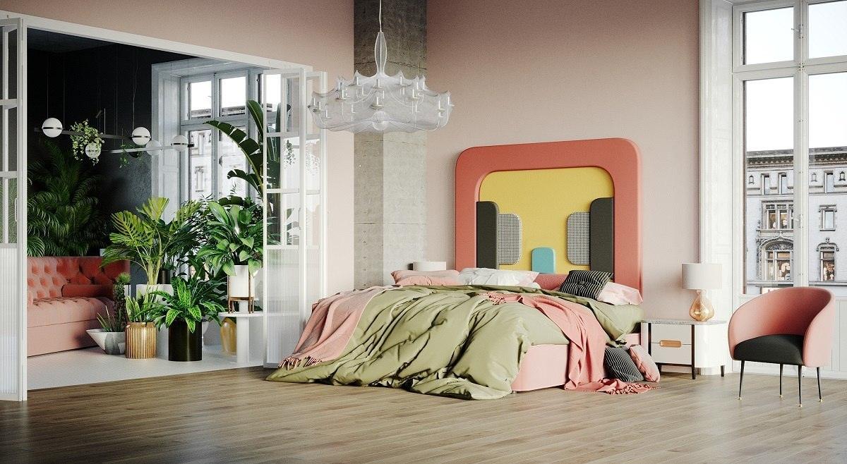 Łóżko tapicerowane PLUM 3 koralowy z żółtym Happy Barok Eye on Design