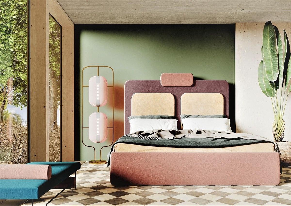 Łóżko tapicerowane PLUM 7 żółty z czerwonym Happy Barok Eye on Design