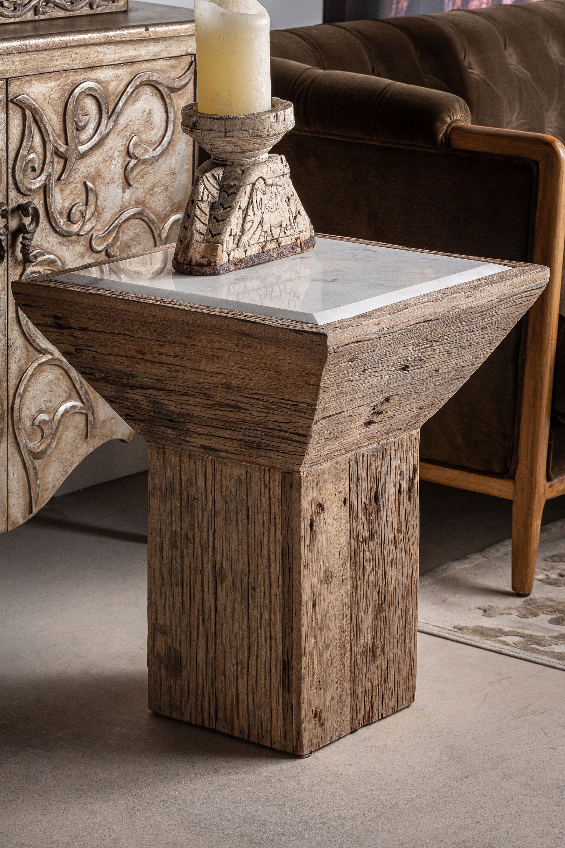 SAMSUN Side Table Recycled Pine Wood with Marble Top