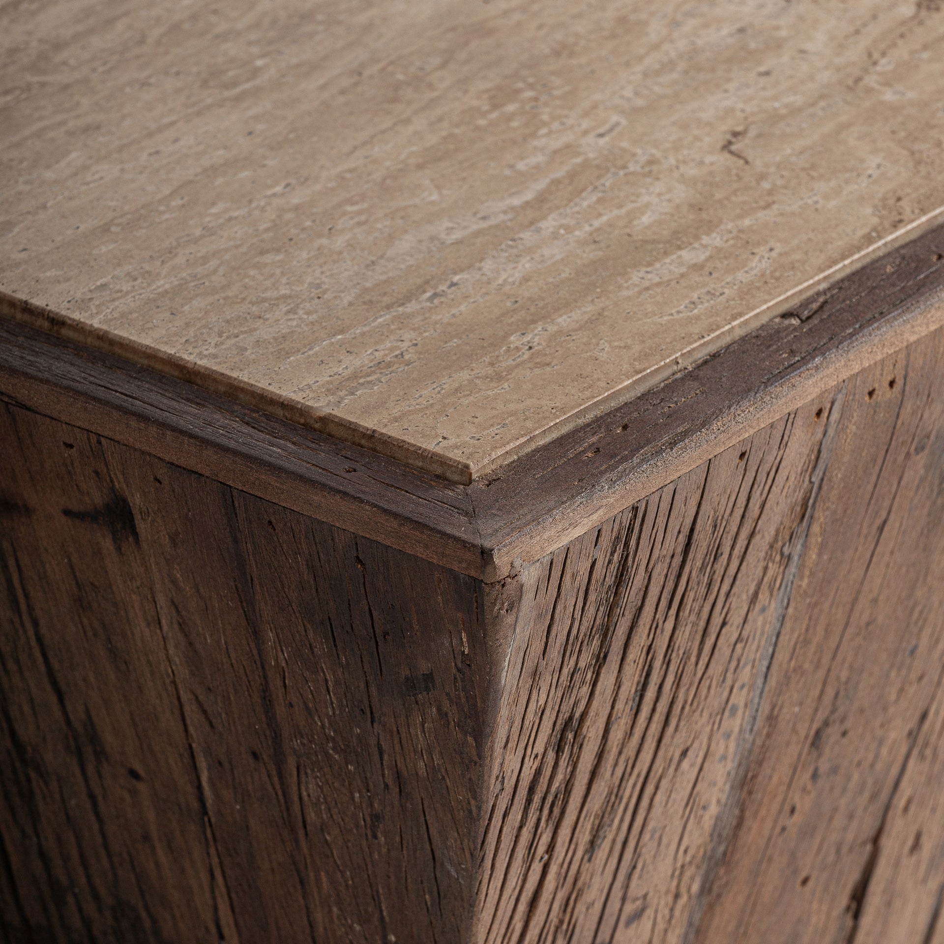 MERKEM Coffee Table made of Recycled Wood with a Travertine Top