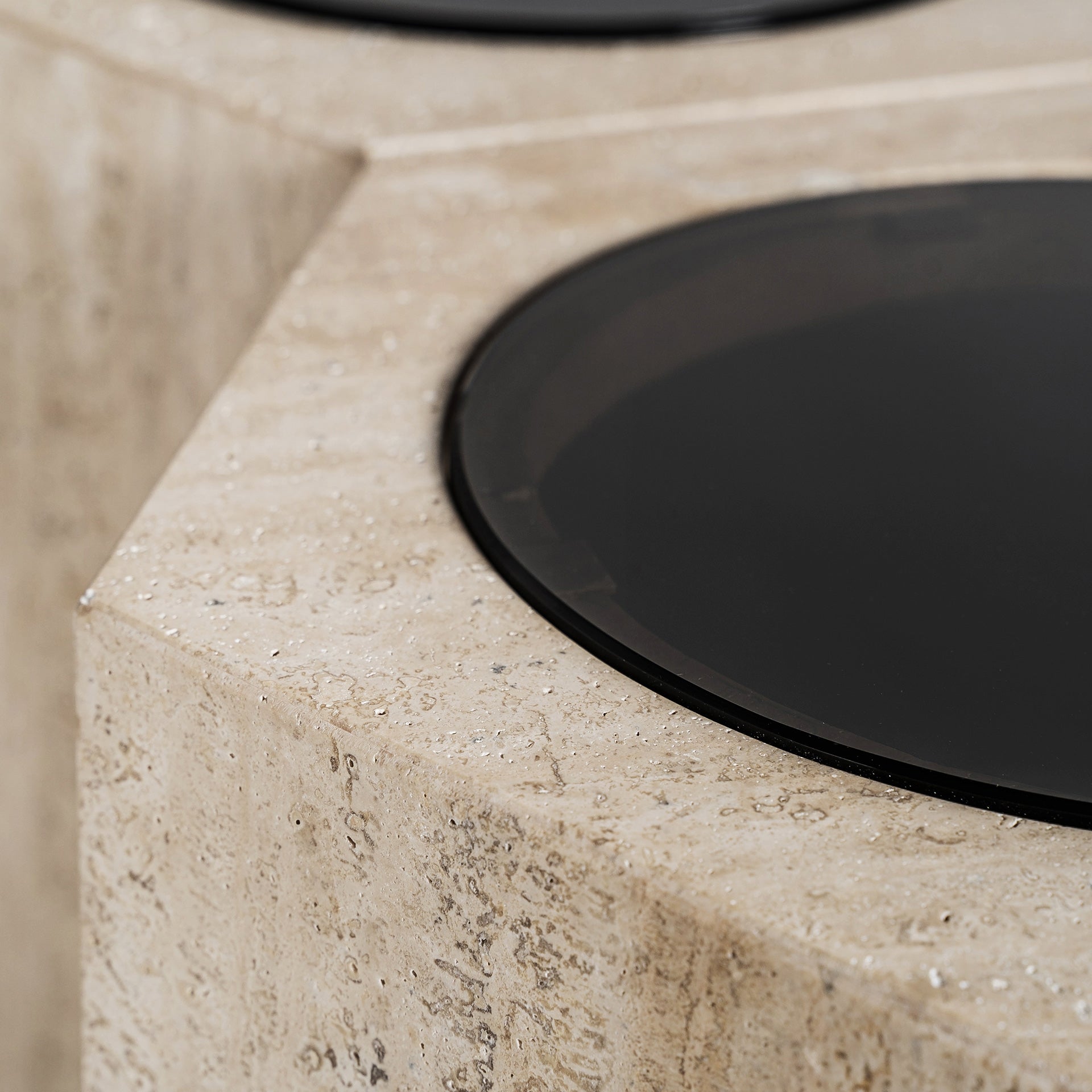 THIENNES Coffee Table in Travertine with Dark Green Glass