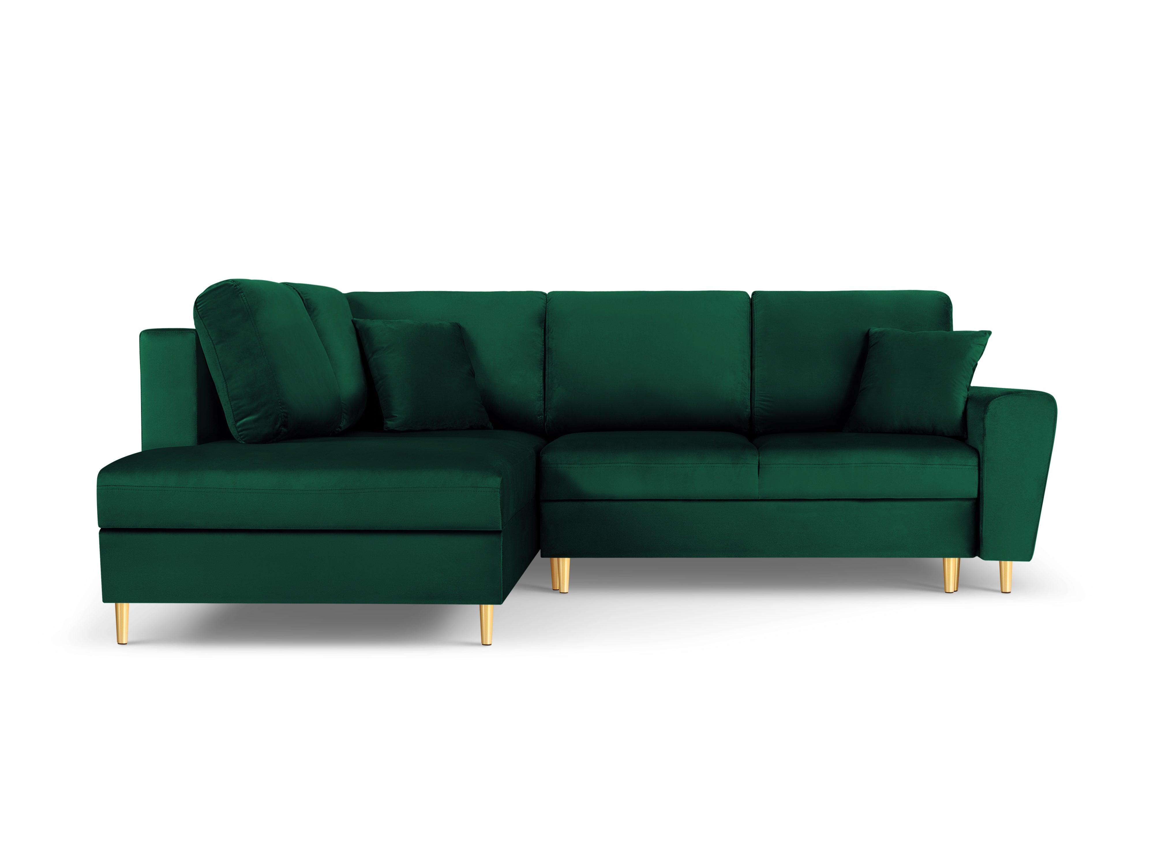 Narożnik 5-osobowy lewostronny z funkcją spania KYOTO butelkowa zieleń ze złotą podstawą Cosmopolitan Design Eye on Design