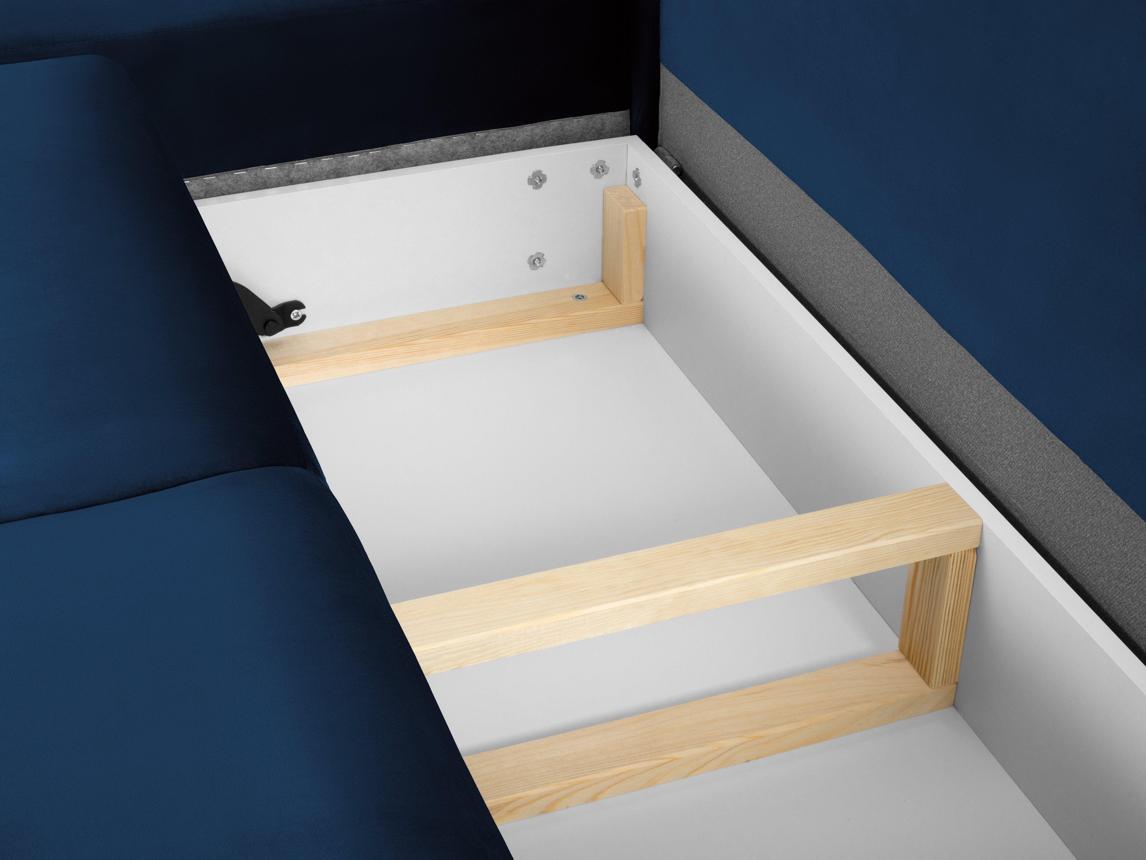 Narożnik 5-osobowy lewostronny z funkcją spania KYOTO niebieski z czarną podstawą Cosmopolitan Design Eye on Design