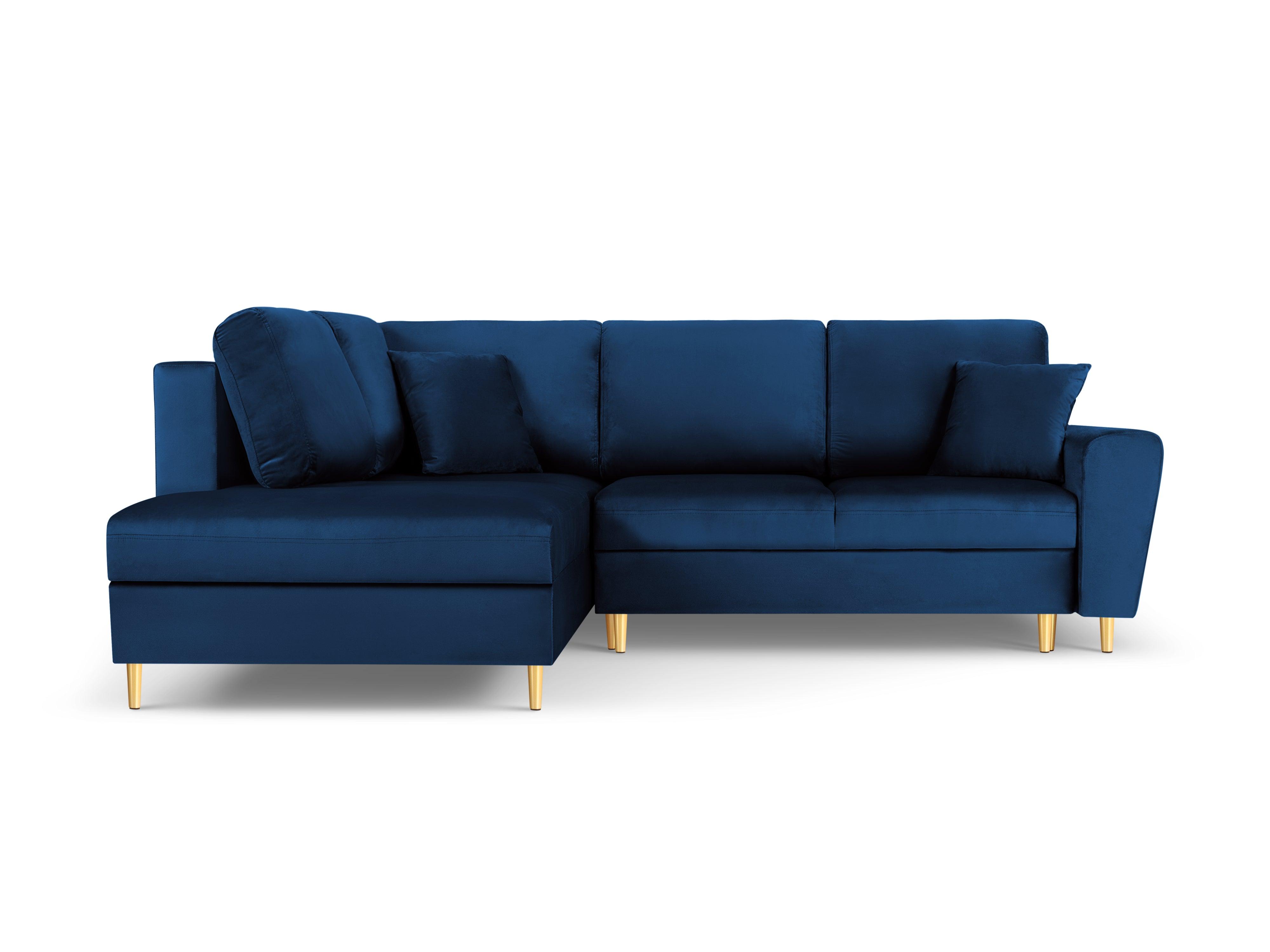 Narożnik 5-osobowy lewostronny z funkcją spania KYOTO niebieski ze złotą podstawą Cosmopolitan Design Eye on Design