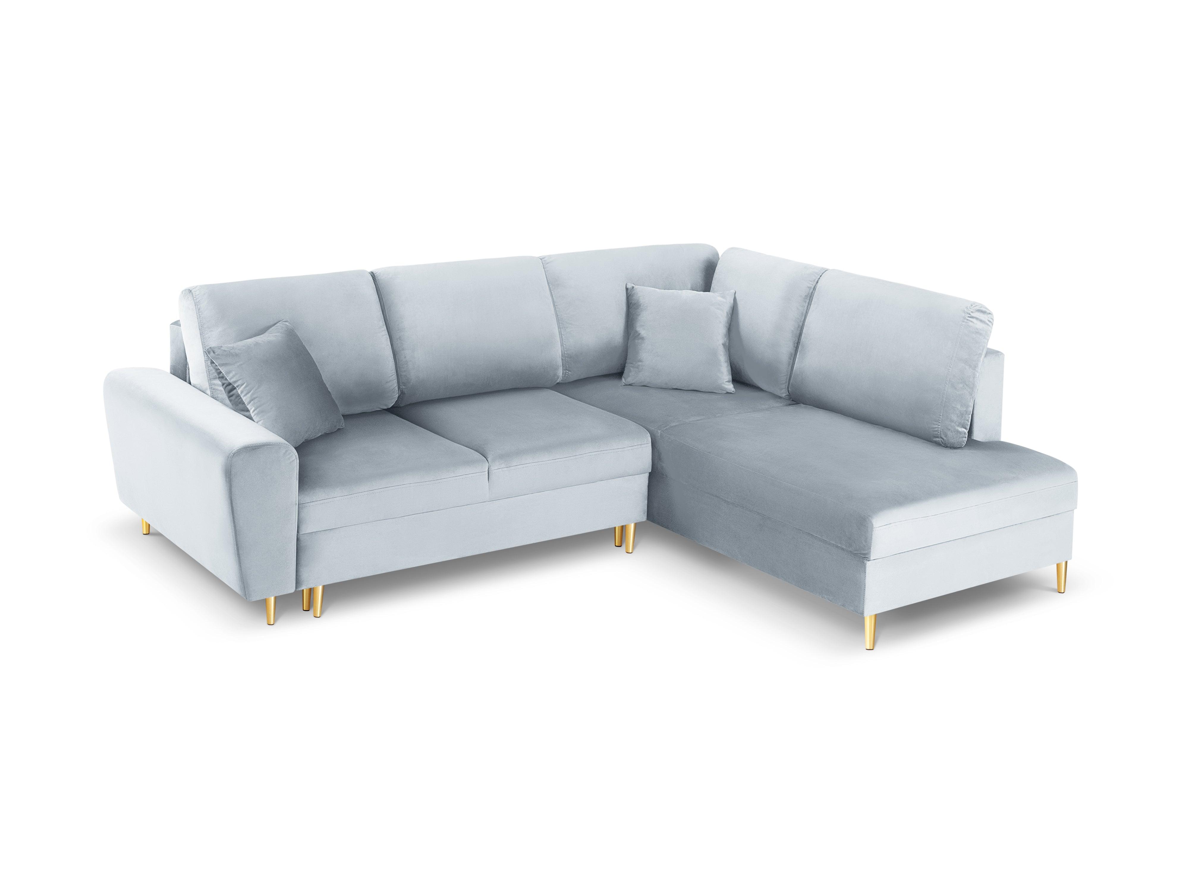 Narożnik 5-osobowy prawostronny z funkcją spania KYOTO jasnoniebieski ze złotą podstawą Cosmopolitan Design Eye on Design
