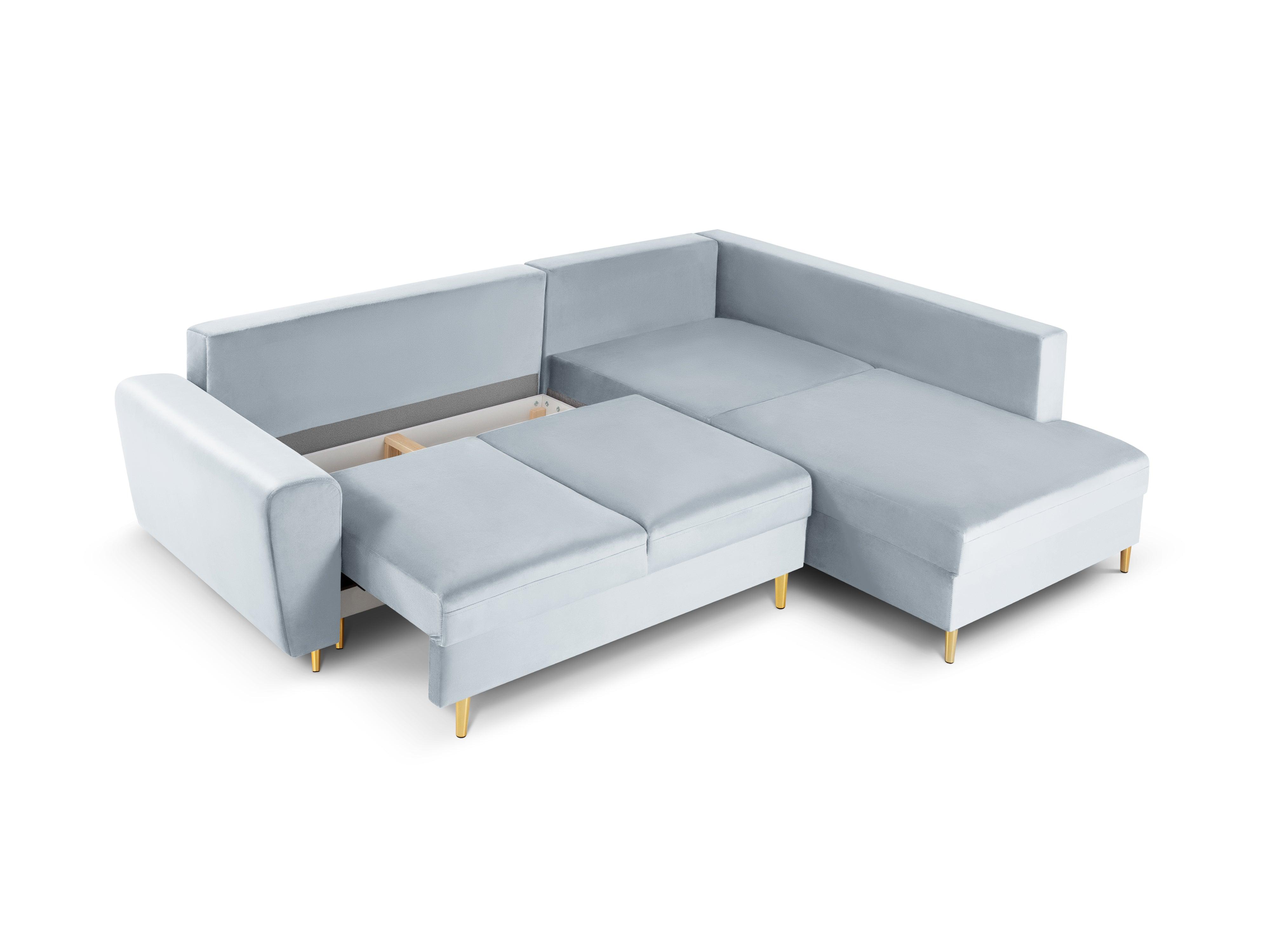 Narożnik 5-osobowy prawostronny z funkcją spania KYOTO jasnoniebieski ze złotą podstawą Cosmopolitan Design Eye on Design