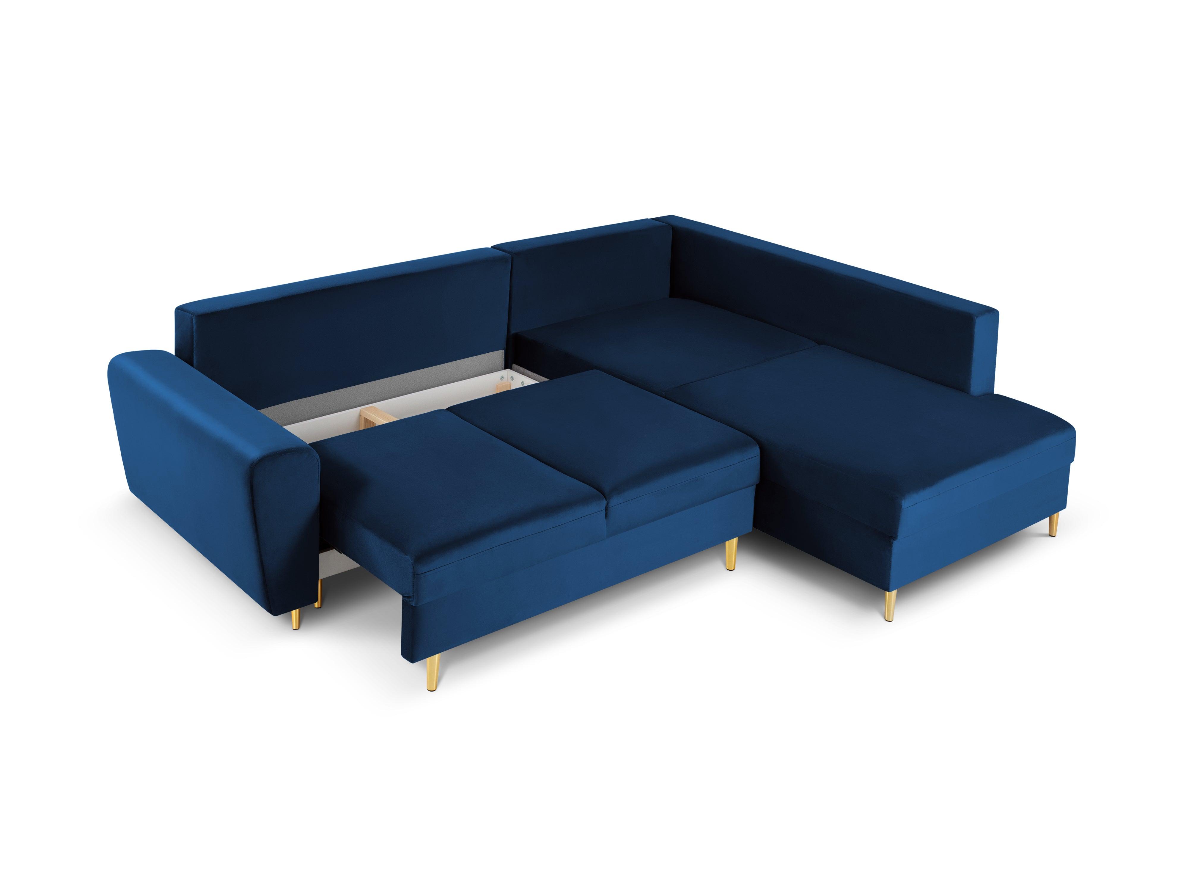 Narożnik 5-osobowy prawostronny z funkcją spania KYOTO niebieski ze złotą podstawą Cosmopolitan Design Eye on Design