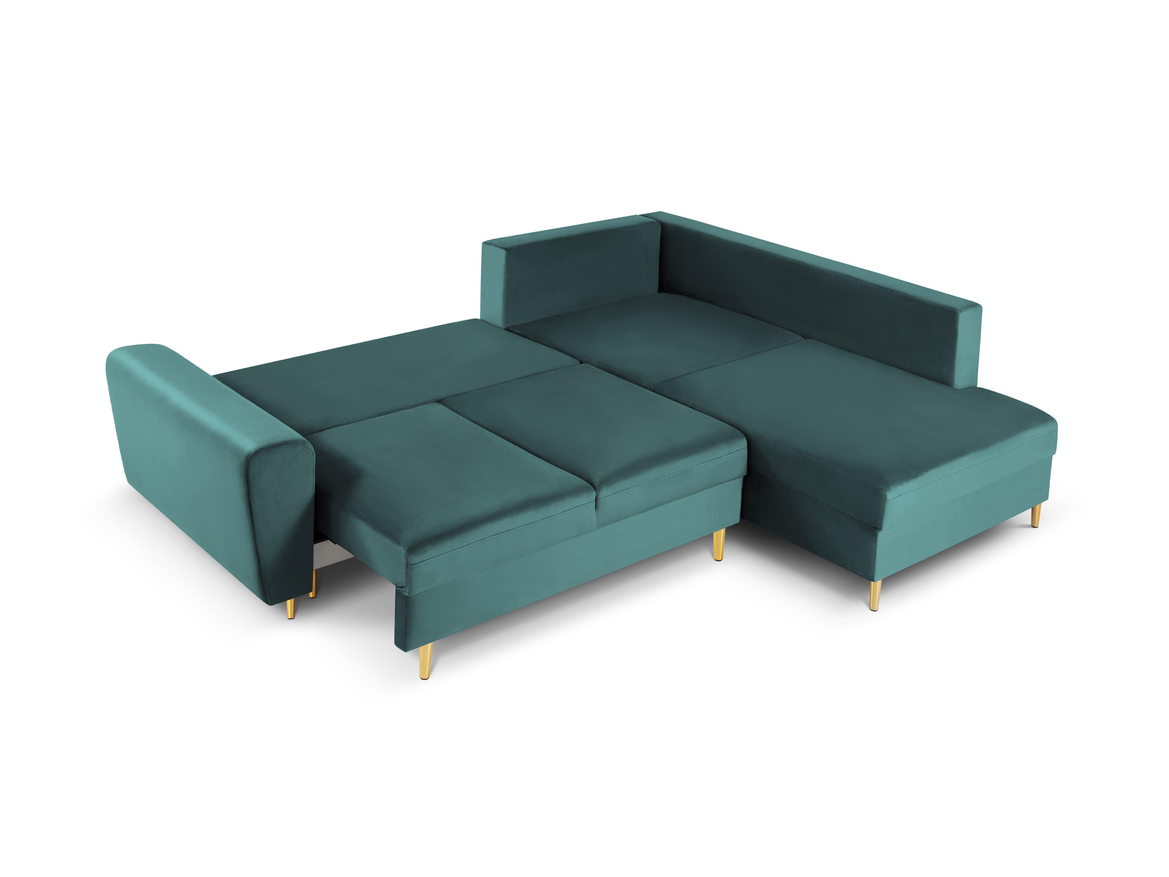 Narożnik 5-osobowy prawostronny z funkcją spania KYOTO petrol ze złotą podstawą Cosmopolitan Design Eye on Design