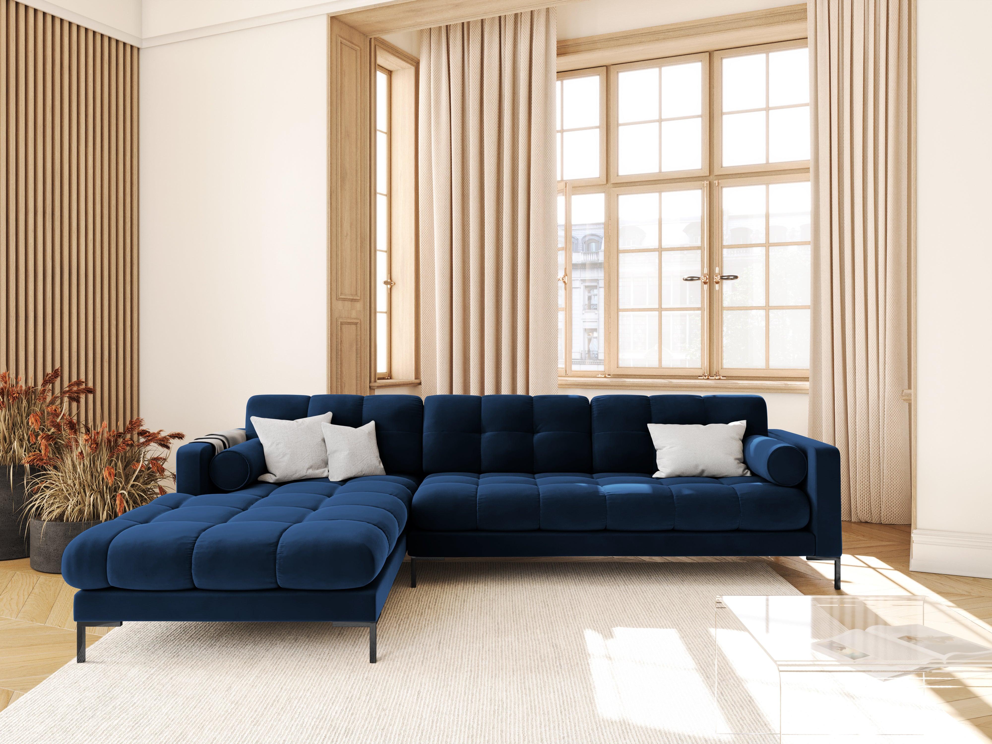 Narożnik aksamitny lewostronny BALI granat królewski z czarną podstawą Cosmopolitan Design Eye on Design
