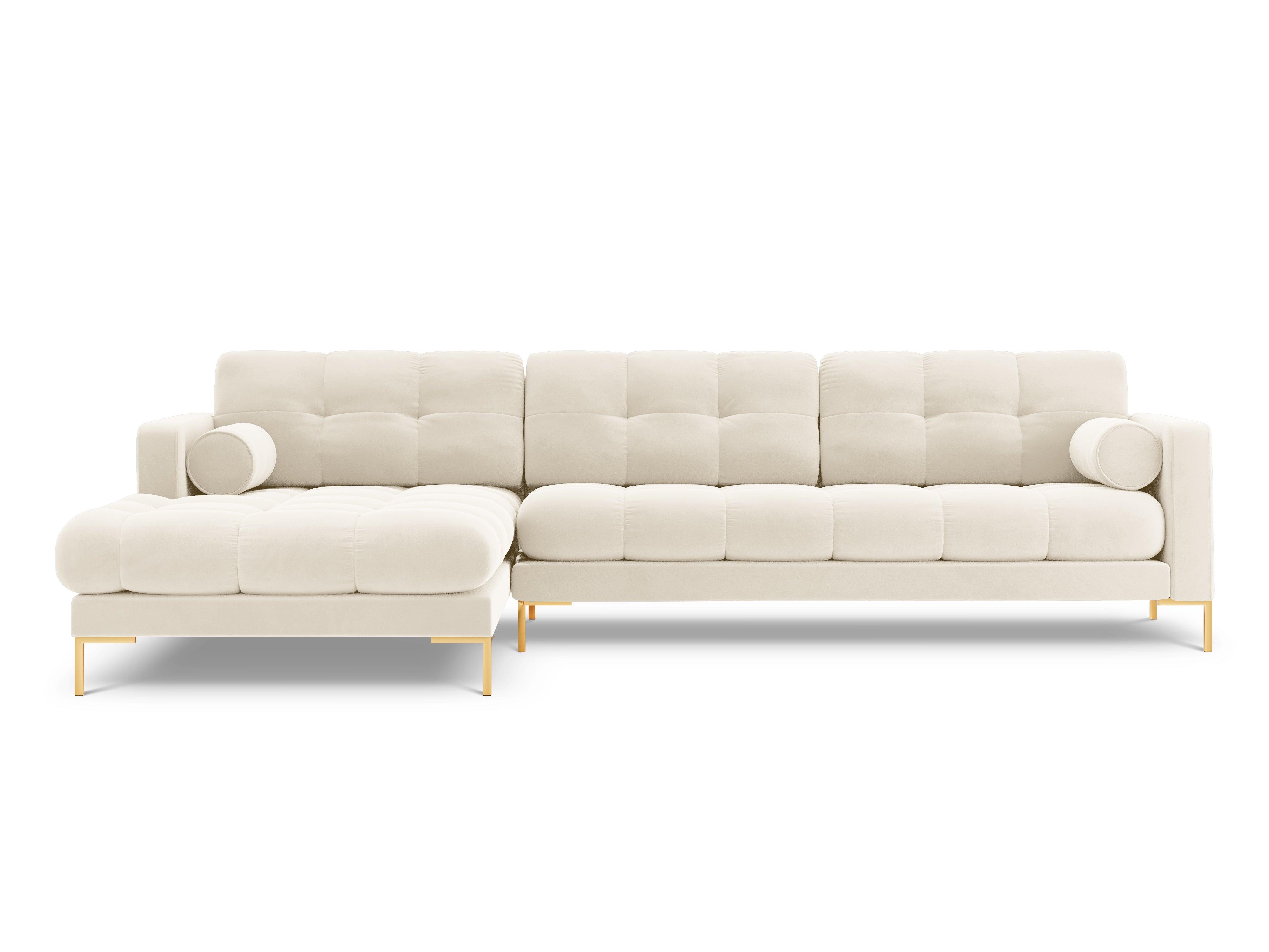 Narożnik aksamitny lewostronny BALI jasnobeżowy ze złotą podstawą Cosmopolitan Design Eye on Design