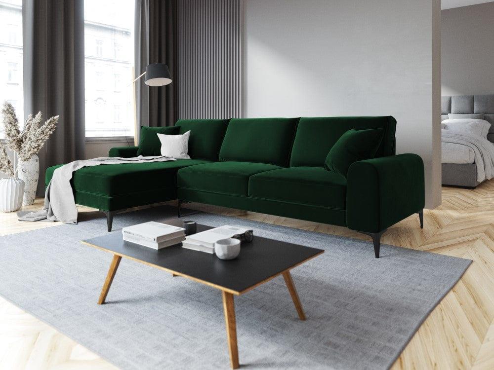 Narożnik aksamitny lewostronny MADARA butelkowa zieleń z czarną podstawą Mazzini Sofas Eye on Design