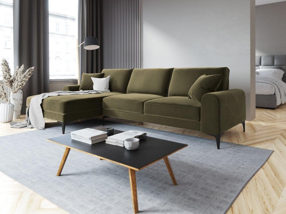 Narożnik aksamitny lewostronny MADARA zielony z czarną podstawą Mazzini Sofas Eye on Design