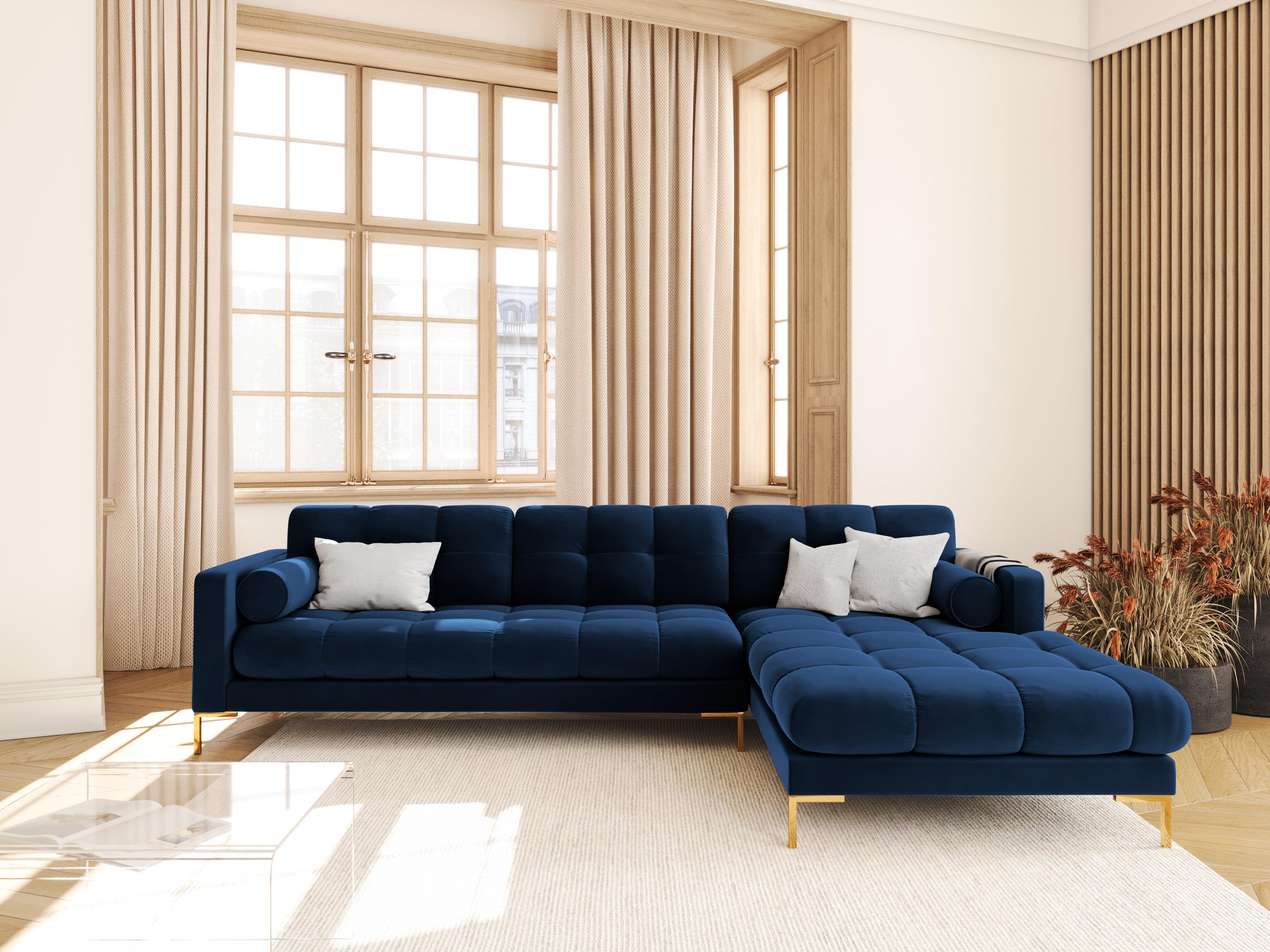 Narożnik aksamitny prawostronny BALI granat królewski ze złotą podstawą Cosmopolitan Design Eye on Design