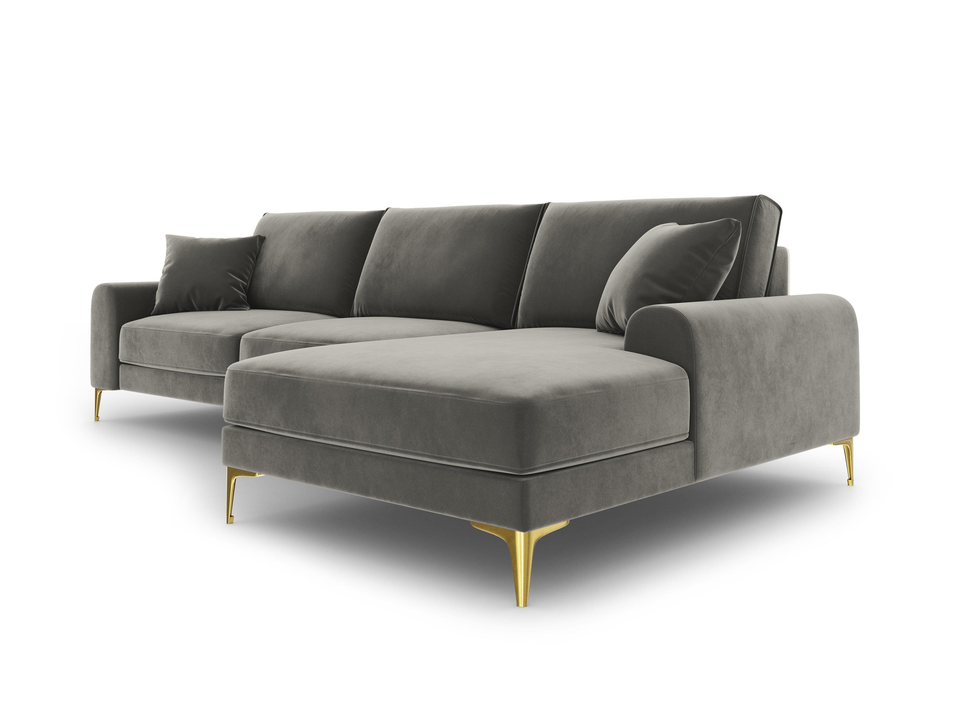 Narożnik aksamitny prawostronny MADARA szary ze złotą podstawą Mazzini Sofas Eye on Design