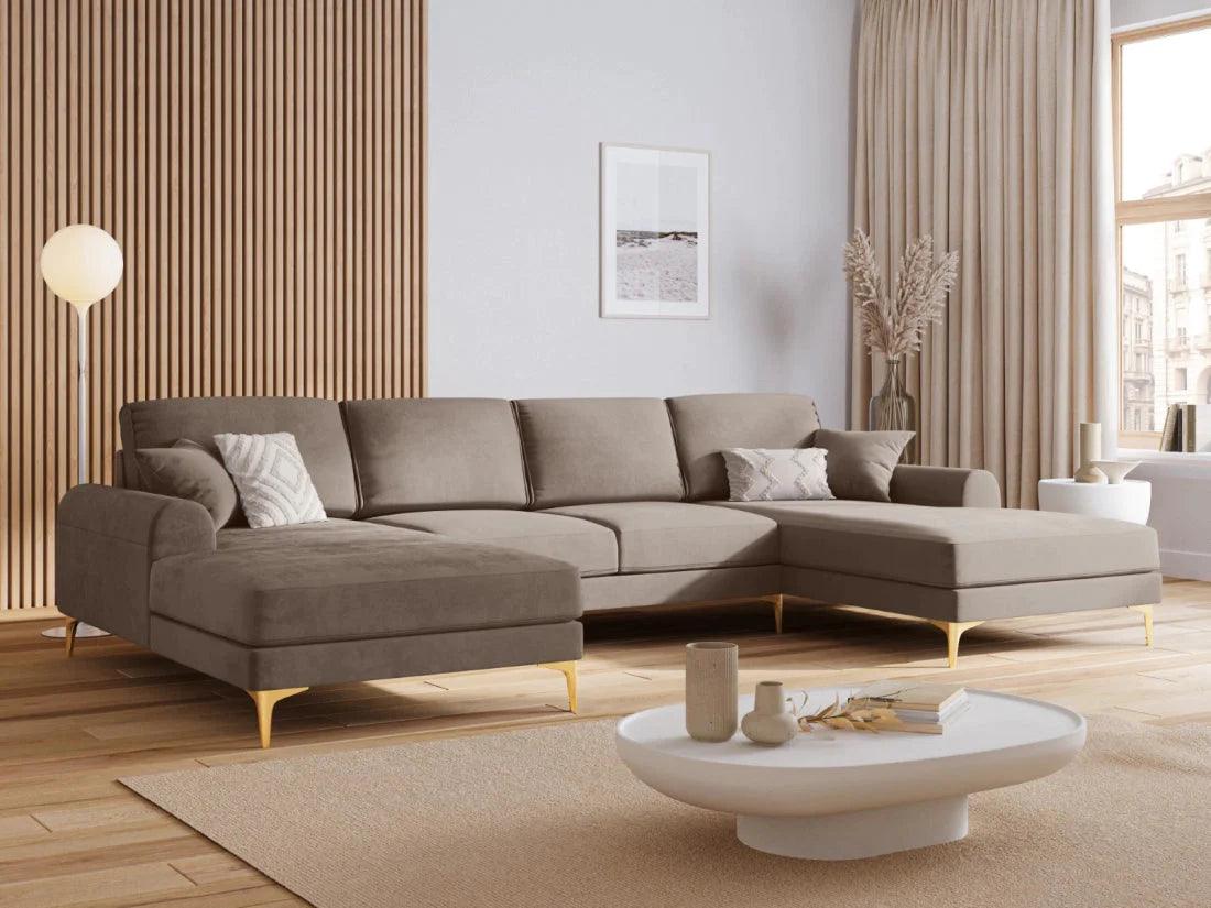 Narożnik aksamitny w kształcie U MADARA cappuccino ze złotą podstawą Mazzini Sofas Eye on Design