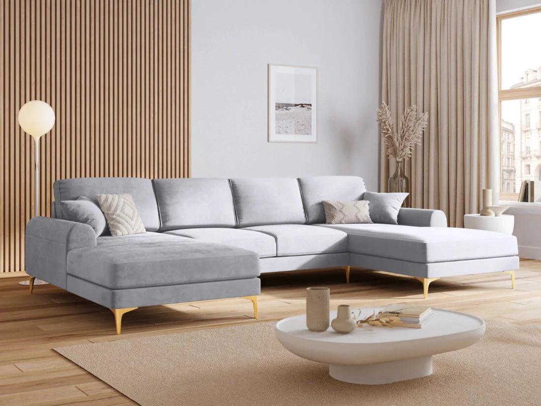 Narożnik aksamitny w kształcie U MADARA srebrny ze złotą podstawą Mazzini Sofas Eye on Design