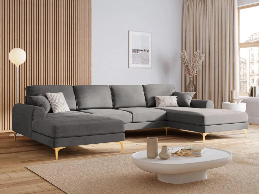 Narożnik aksamitny w kształcie U MADARA szary ze złotą podstawą Mazzini Sofas Eye on Design
