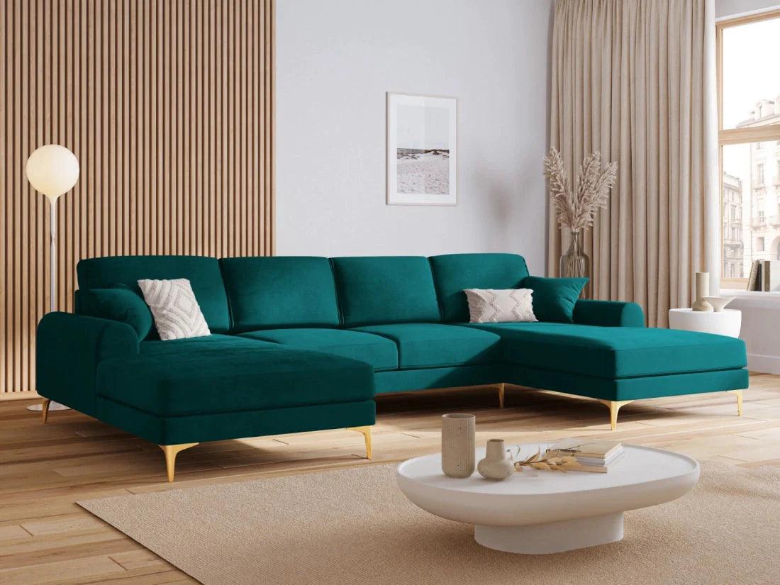 Narożnik aksamitny w kształcie U MADARA turkusowy ze złotą podstawą Mazzini Sofas Eye on Design