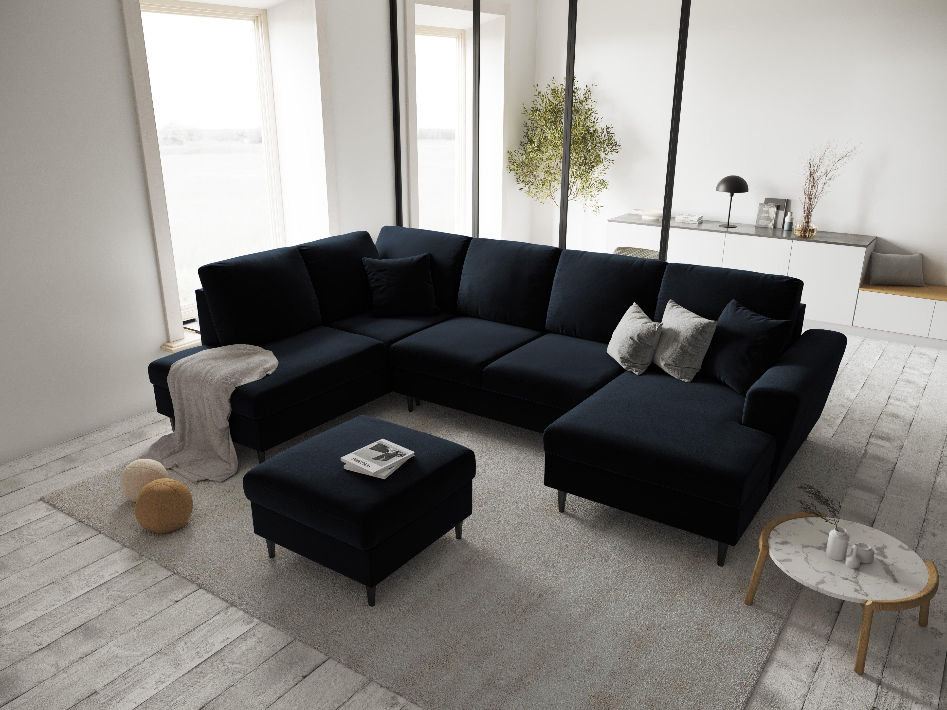 Narożnik lewostronny aksamitny panoramiczny z funkcją spania KYOTO ciemnoniebieski z czarną podstawą Cosmopolitan Design Eye on Design