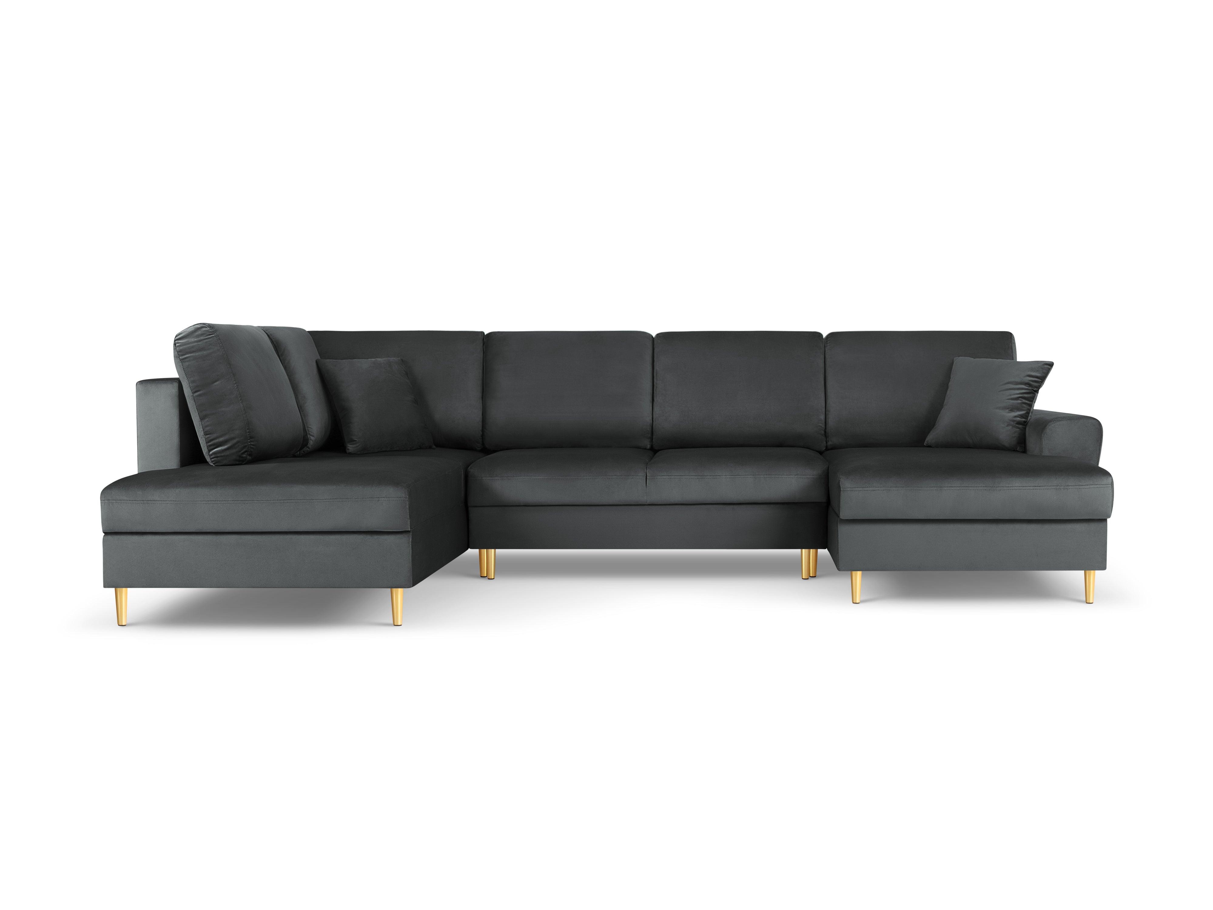 Narożnik lewostronny aksamitny panoramiczny z funkcją spania KYOTO ciemnoszary ze złotą podstawą Cosmopolitan Design Eye on Design