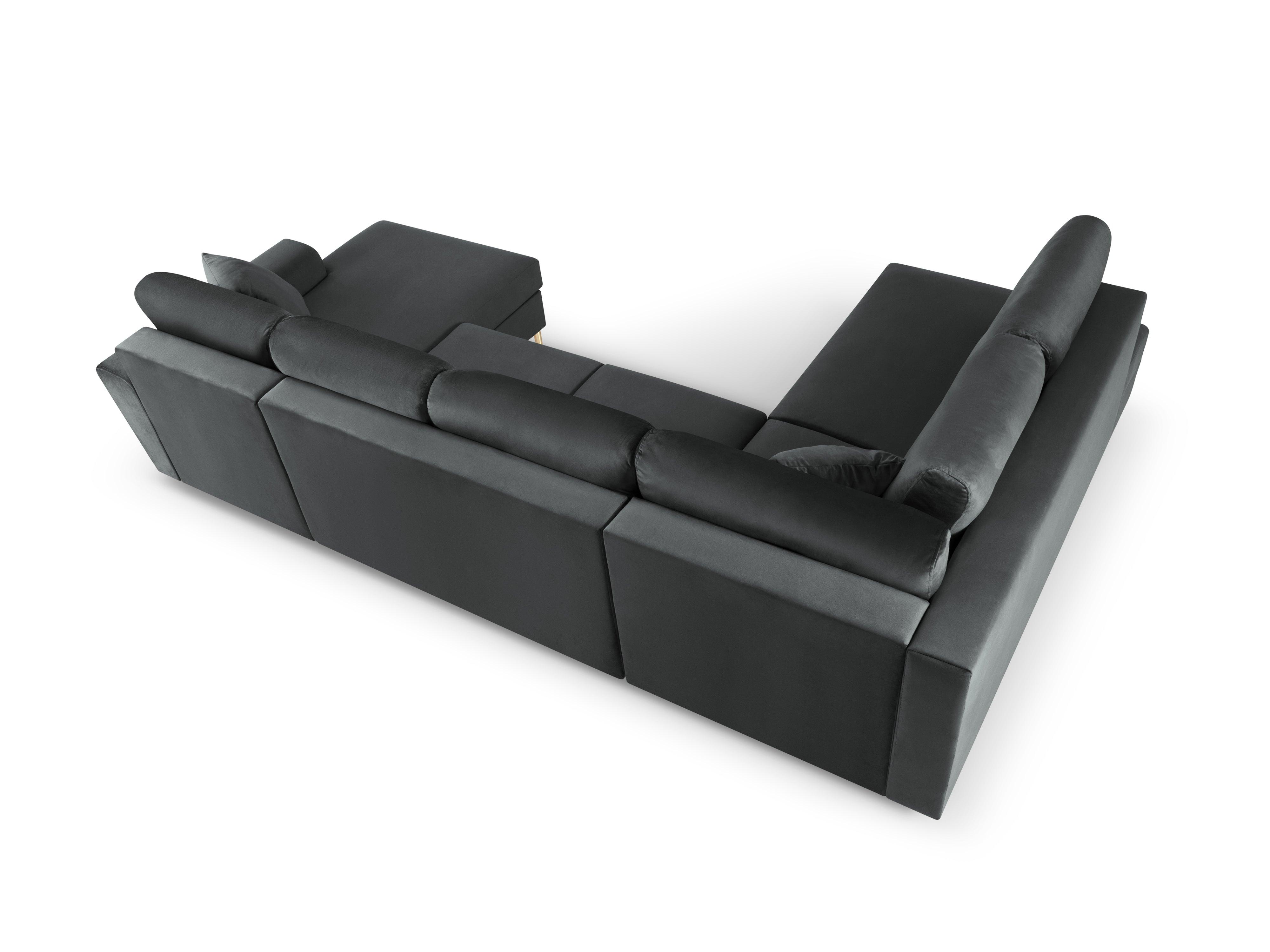 Narożnik lewostronny aksamitny panoramiczny z funkcją spania KYOTO ciemnoszary ze złotą podstawą Cosmopolitan Design Eye on Design