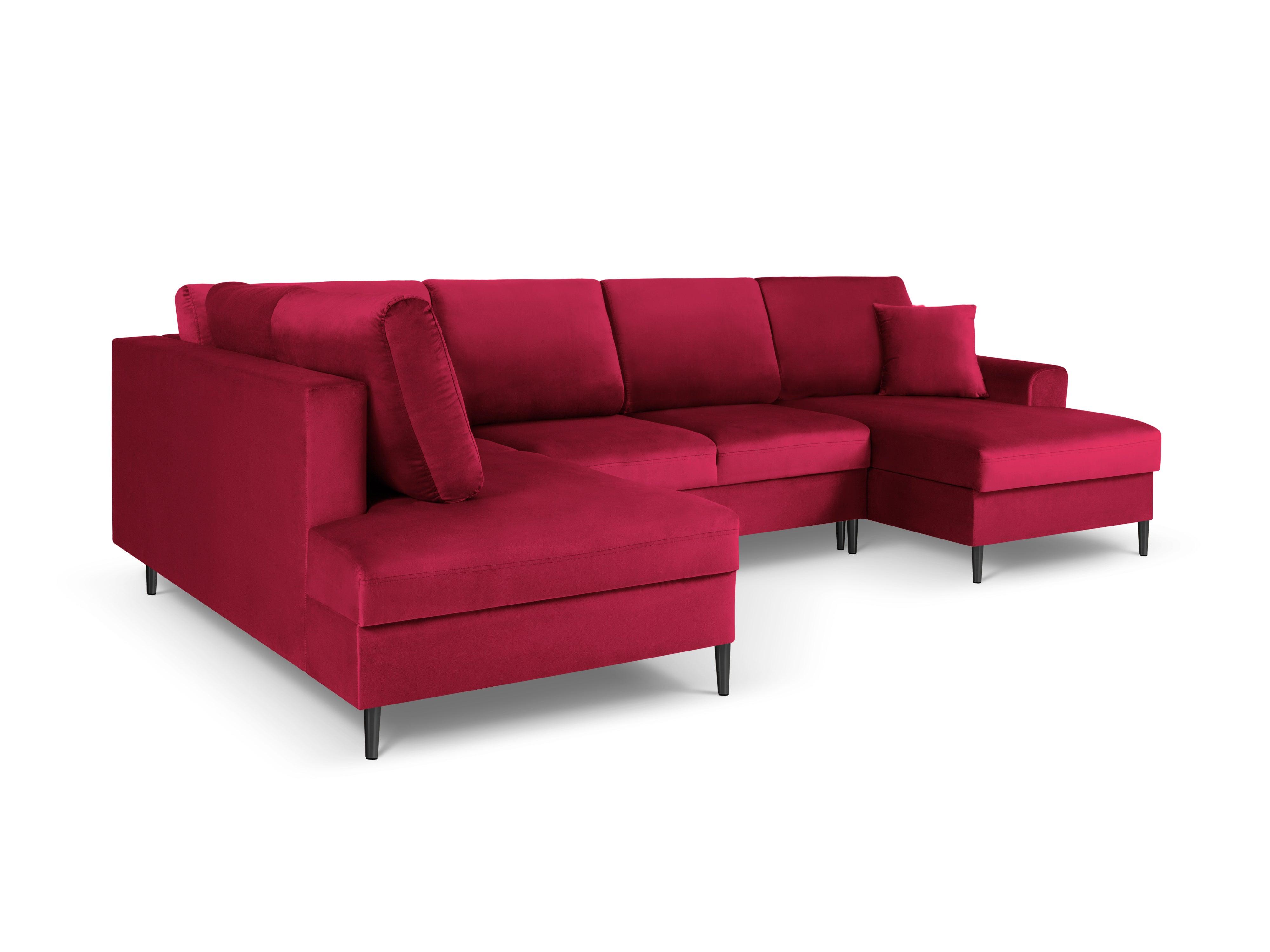 Narożnik lewostronny aksamitny panoramiczny z funkcją spania KYOTO czerwony z czarną podstawą Cosmopolitan Design Eye on Design