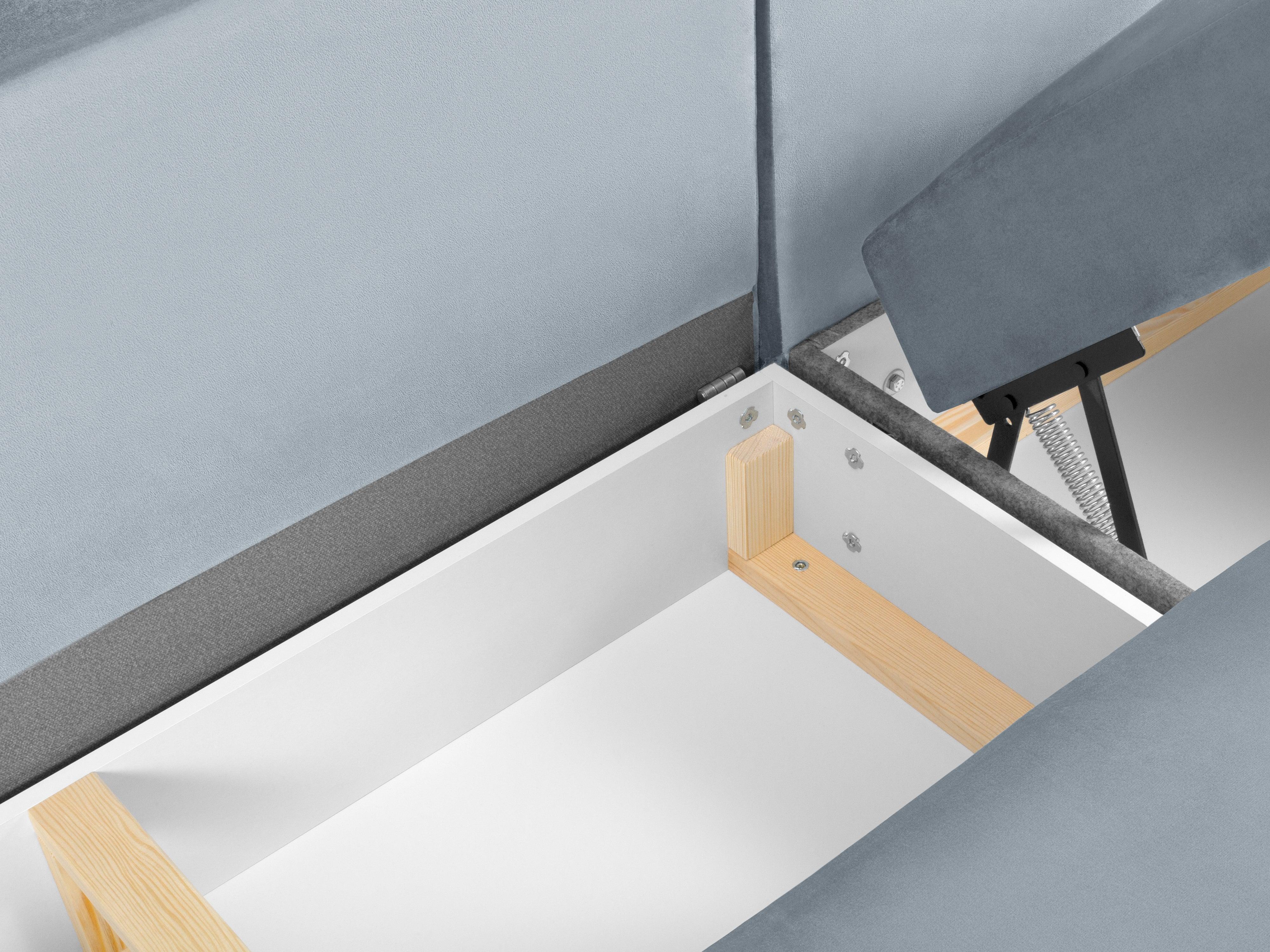 Narożnik lewostronny aksamitny panoramiczny z funkcją spania KYOTO jasnoniebieski z czarną podstawą Cosmopolitan Design Eye on Design