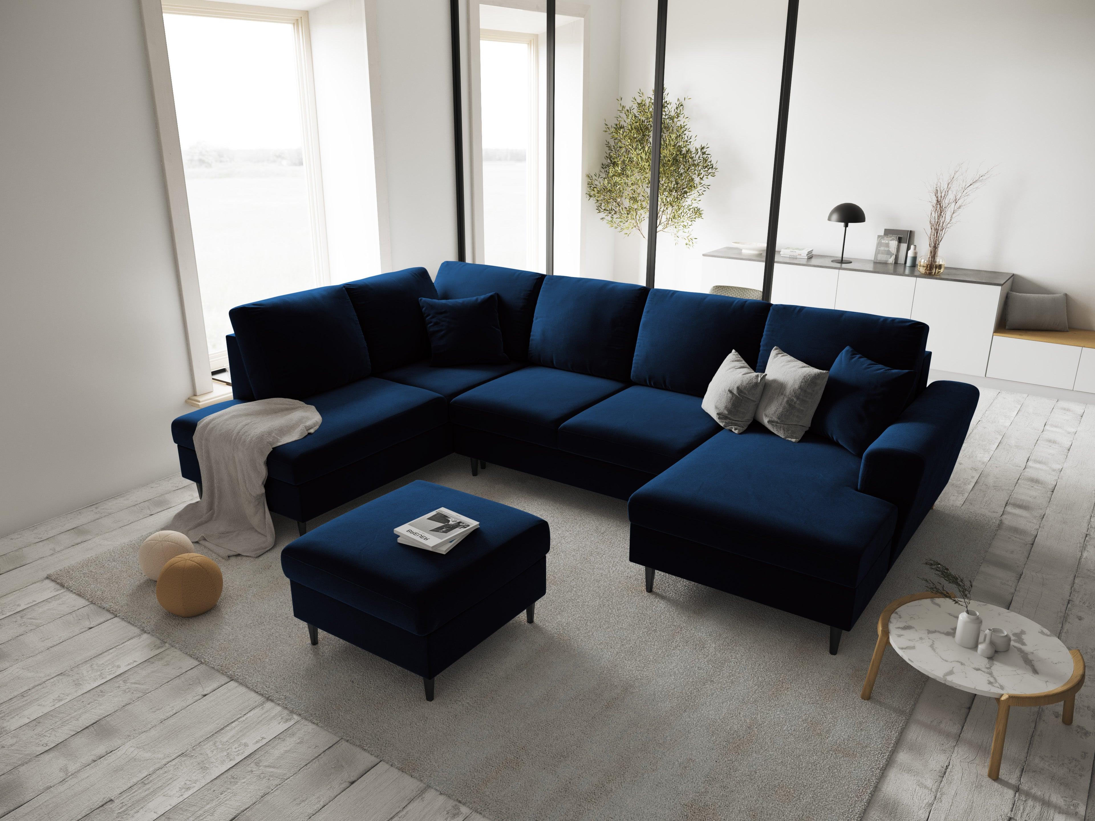 Narożnik lewostronny aksamitny panoramiczny z funkcją spania KYOTO niebieski z czarną podstawą Cosmopolitan Design Eye on Design
