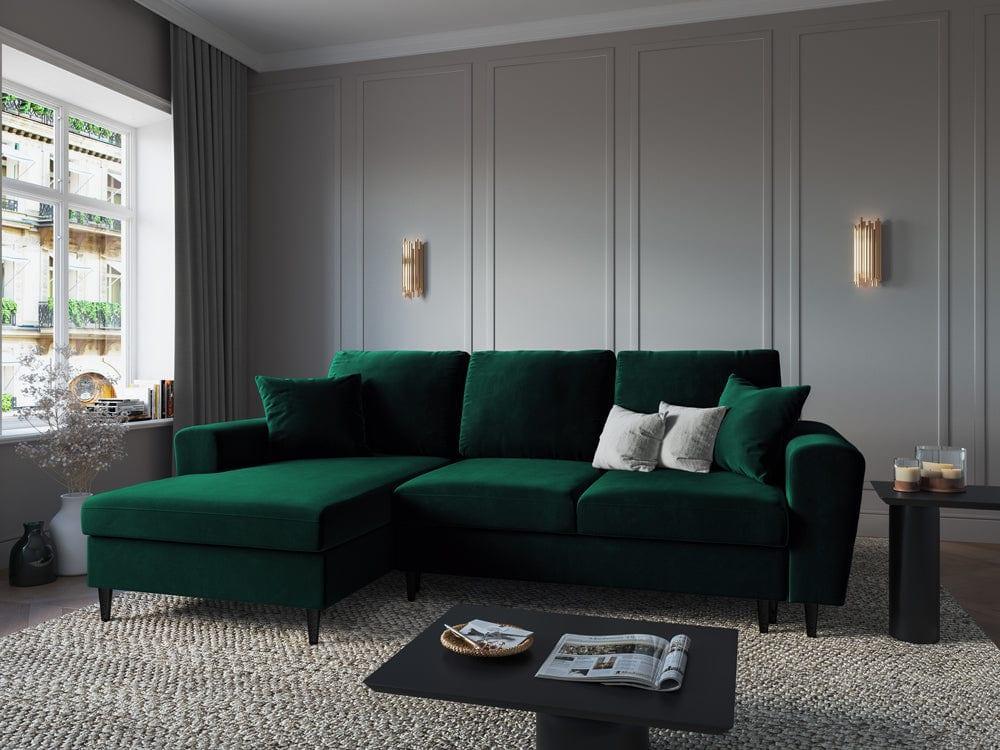 Narożnik lewostronny aksamitny z funkcją spania KYOTO butelkowa zieleń z czarną podstawą Cosmopolitan Design Eye on Design