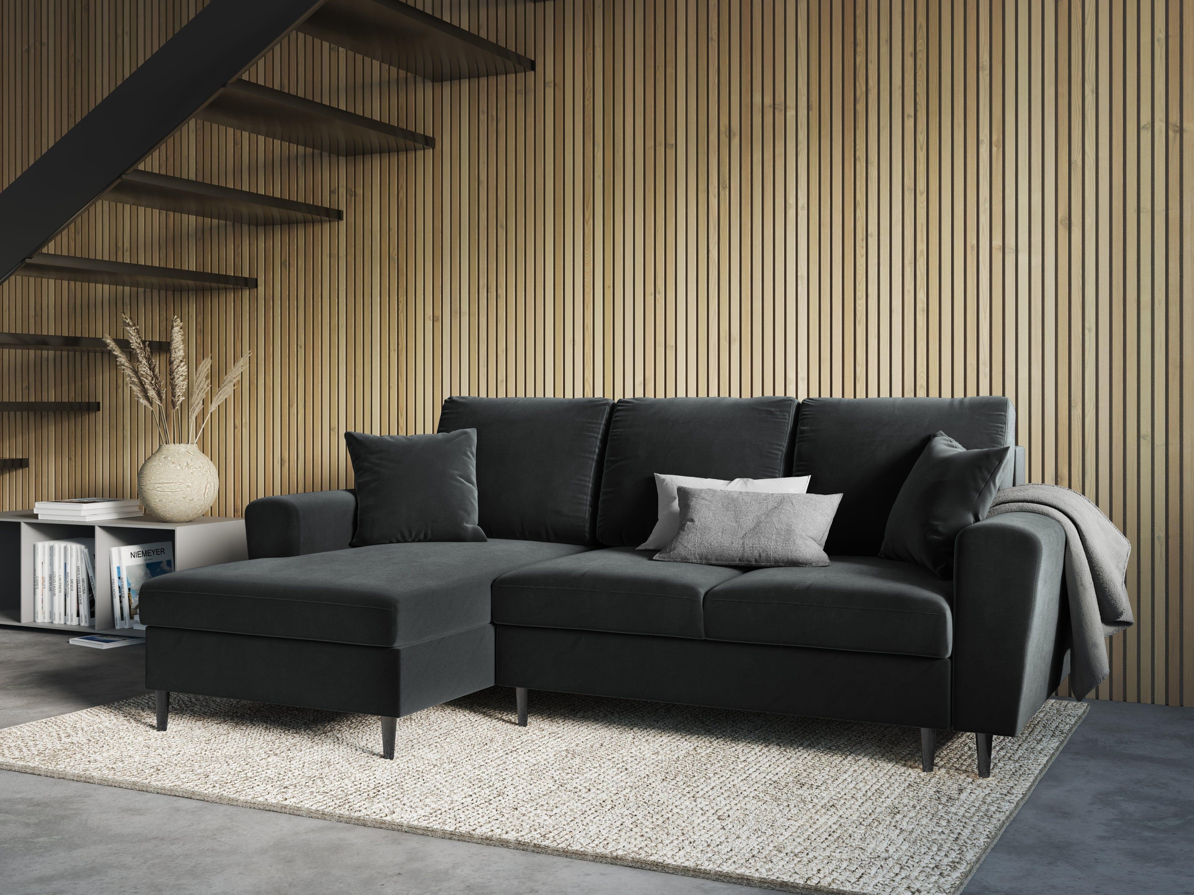 Narożnik lewostronny aksamitny z funkcją spania KYOTO ciemnoszary z czarną podstawą Cosmopolitan Design Eye on Design