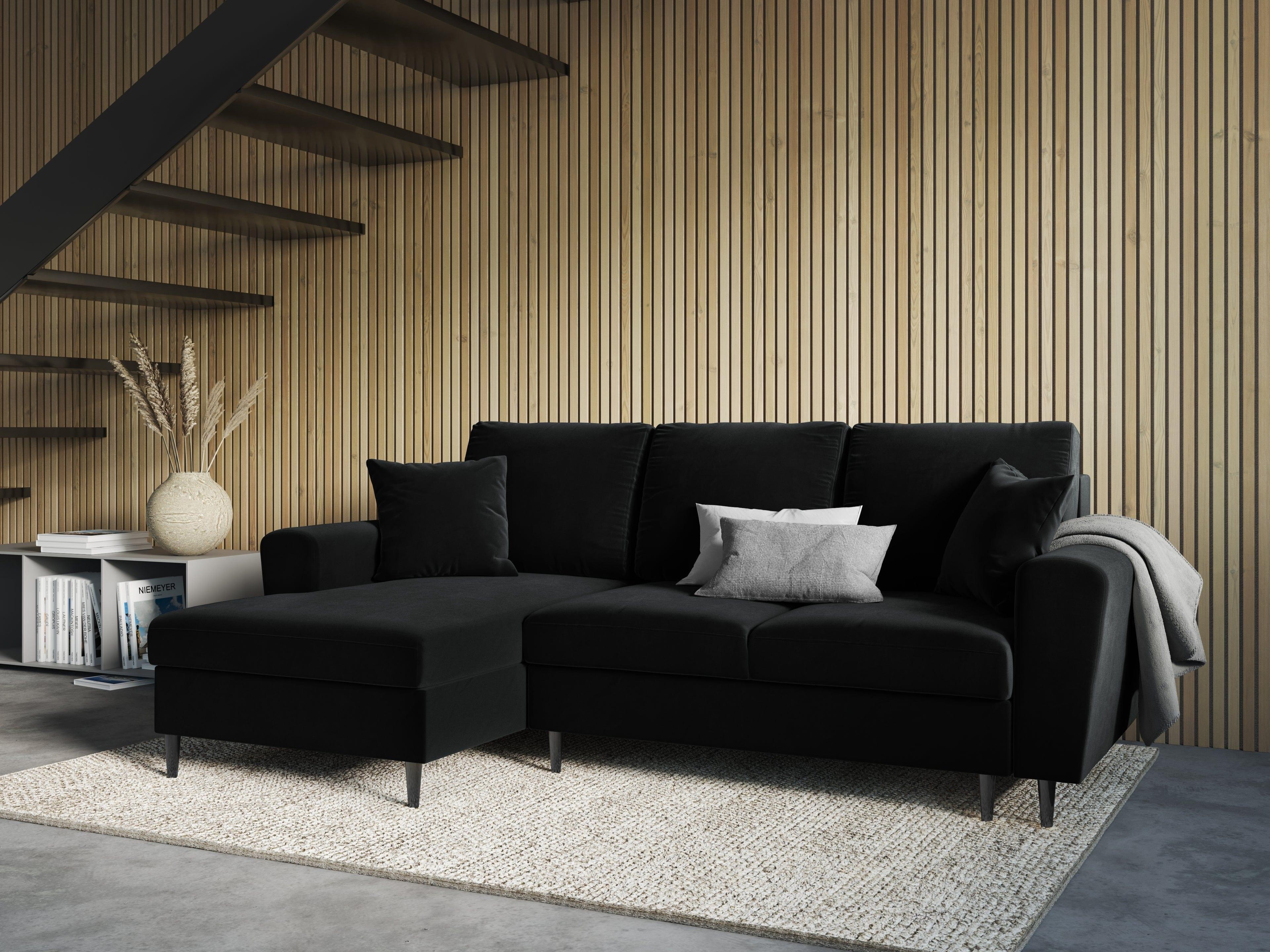 Narożnik lewostronny aksamitny z funkcją spania KYOTO czarny z czarną podstawą Cosmopolitan Design Eye on Design