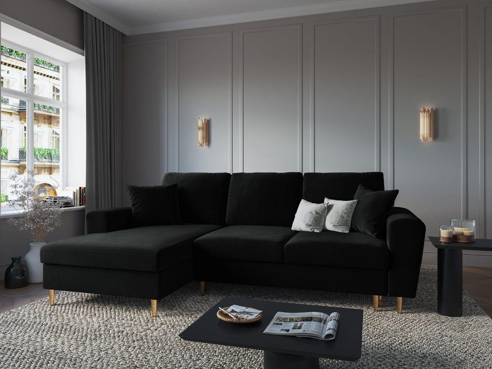 Narożnik lewostronny aksamitny z funkcją spania KYOTO czarny ze złotą podstawą Cosmopolitan Design Eye on Design