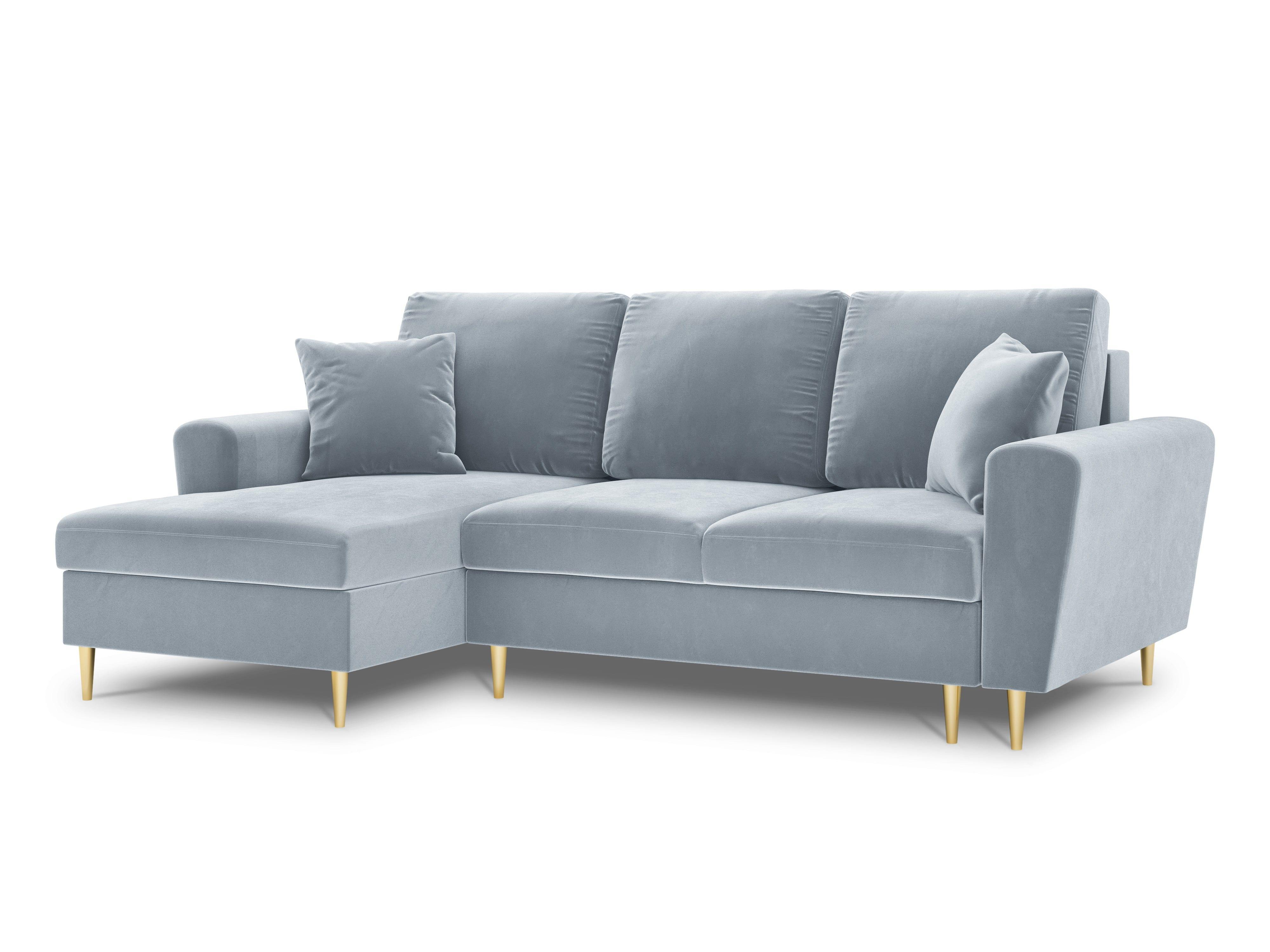 Narożnik lewostronny aksamitny z funkcją spania KYOTO jasnoniebieski ze złotą podstawą Cosmopolitan Design Eye on Design