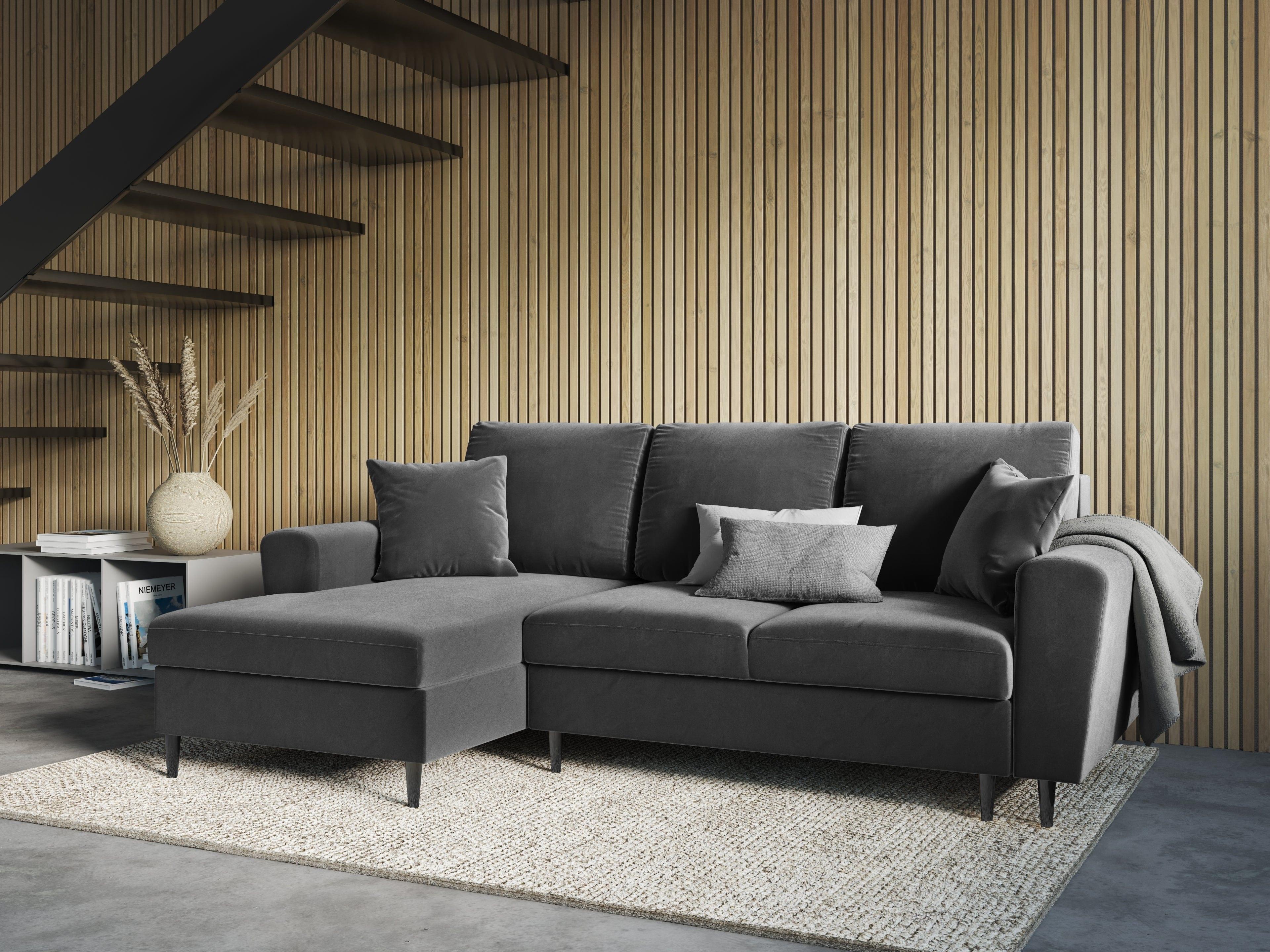 Narożnik lewostronny aksamitny z funkcją spania KYOTO jasnoszary z czarną podstawą Cosmopolitan Design Eye on Design