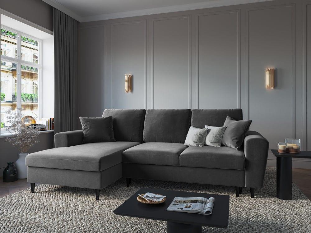 Narożnik lewostronny aksamitny z funkcją spania KYOTO jasnoszary z czarną podstawą Cosmopolitan Design Eye on Design
