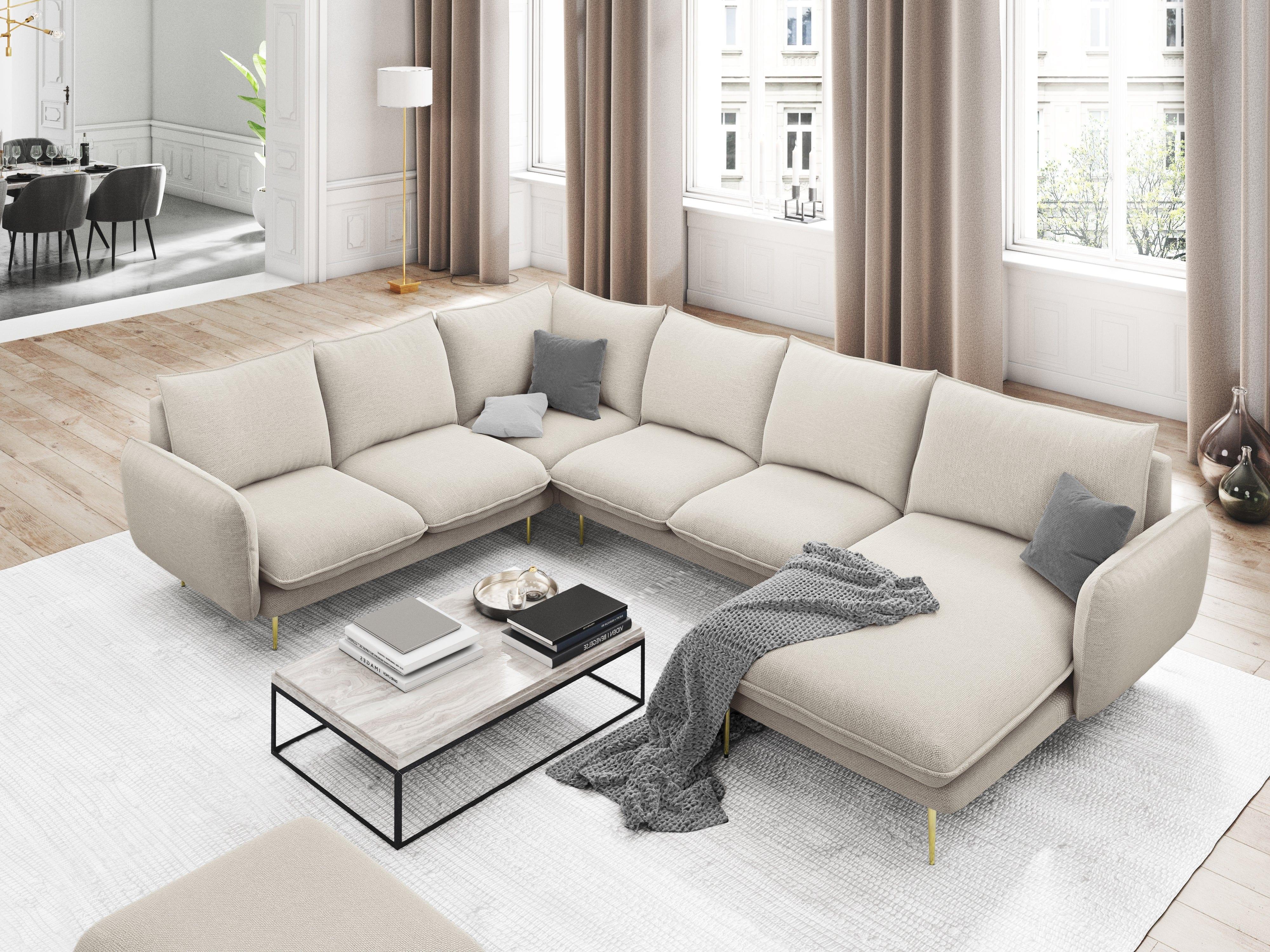 Narożnik lewostronny panoramiczny VIENNA piaskowy ze złotą podstawą Cosmopolitan Design Eye on Design