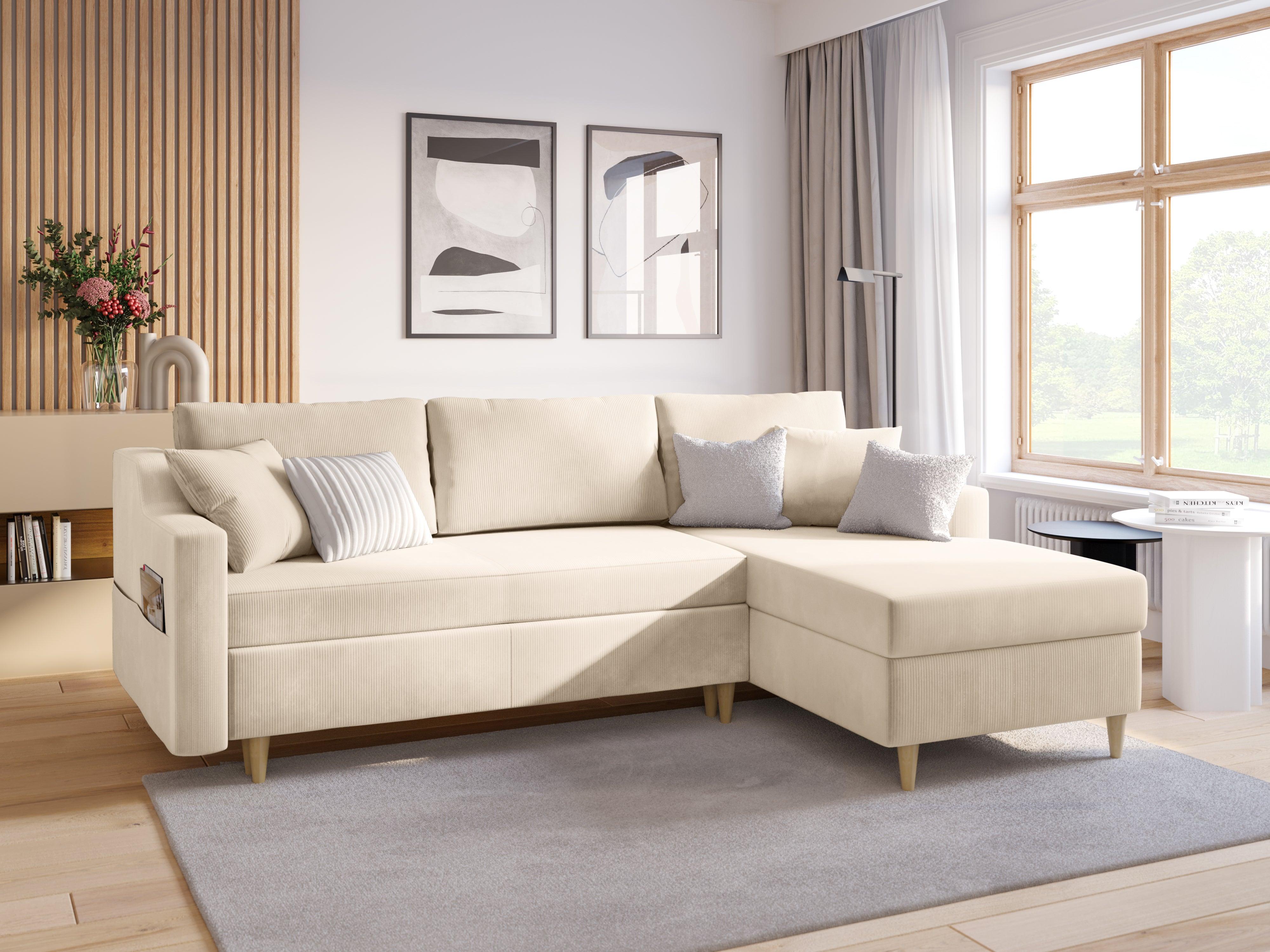 Narożnik lewostronny sztruksowy z funkcją spania ROSE beżowy Mazzini Sofas Eye on Design