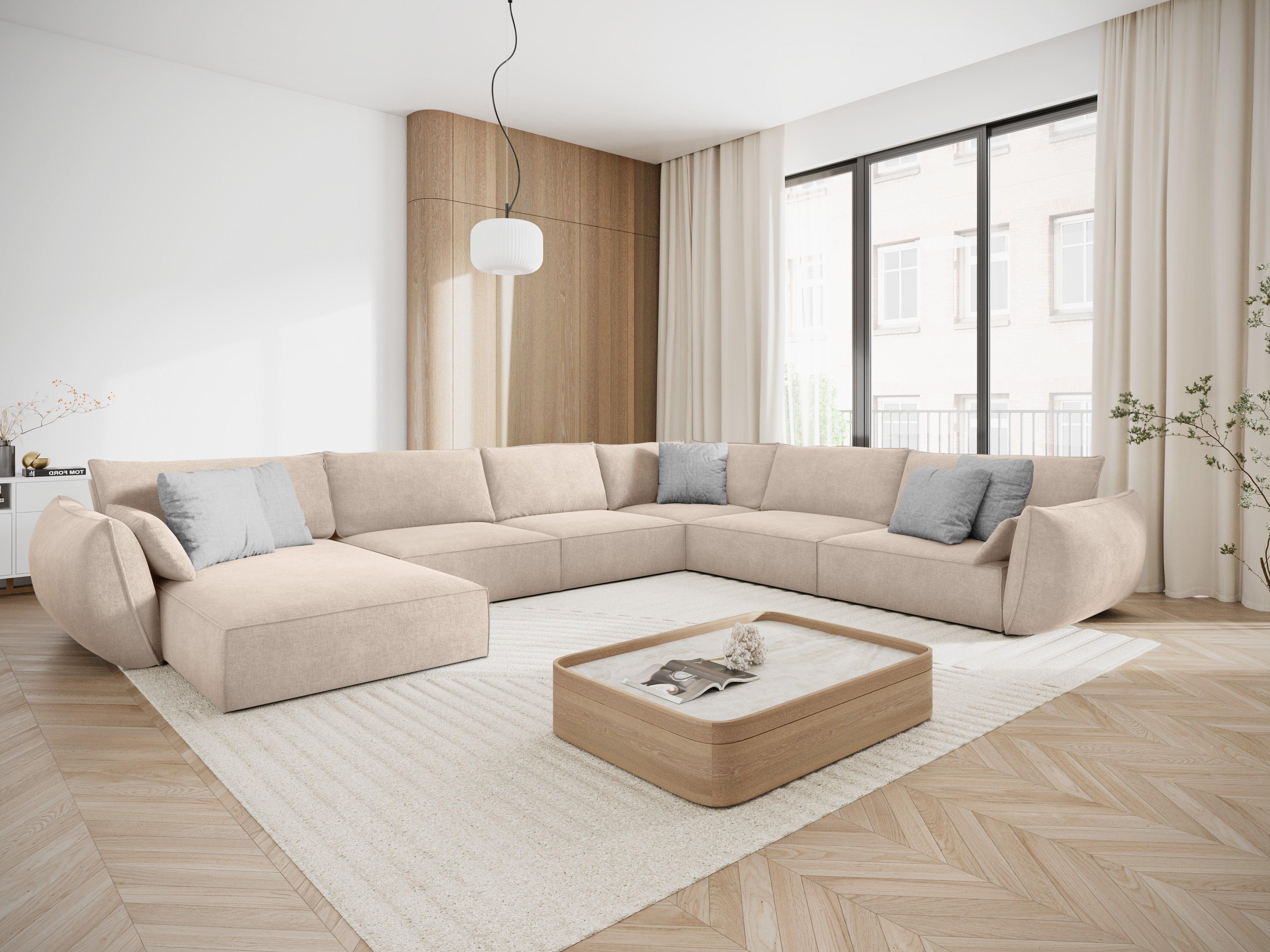 Narożnik panoramiczny w tkaninie szenilowej prawostronny VANDA beżowy Mazzini Sofas Eye on Design