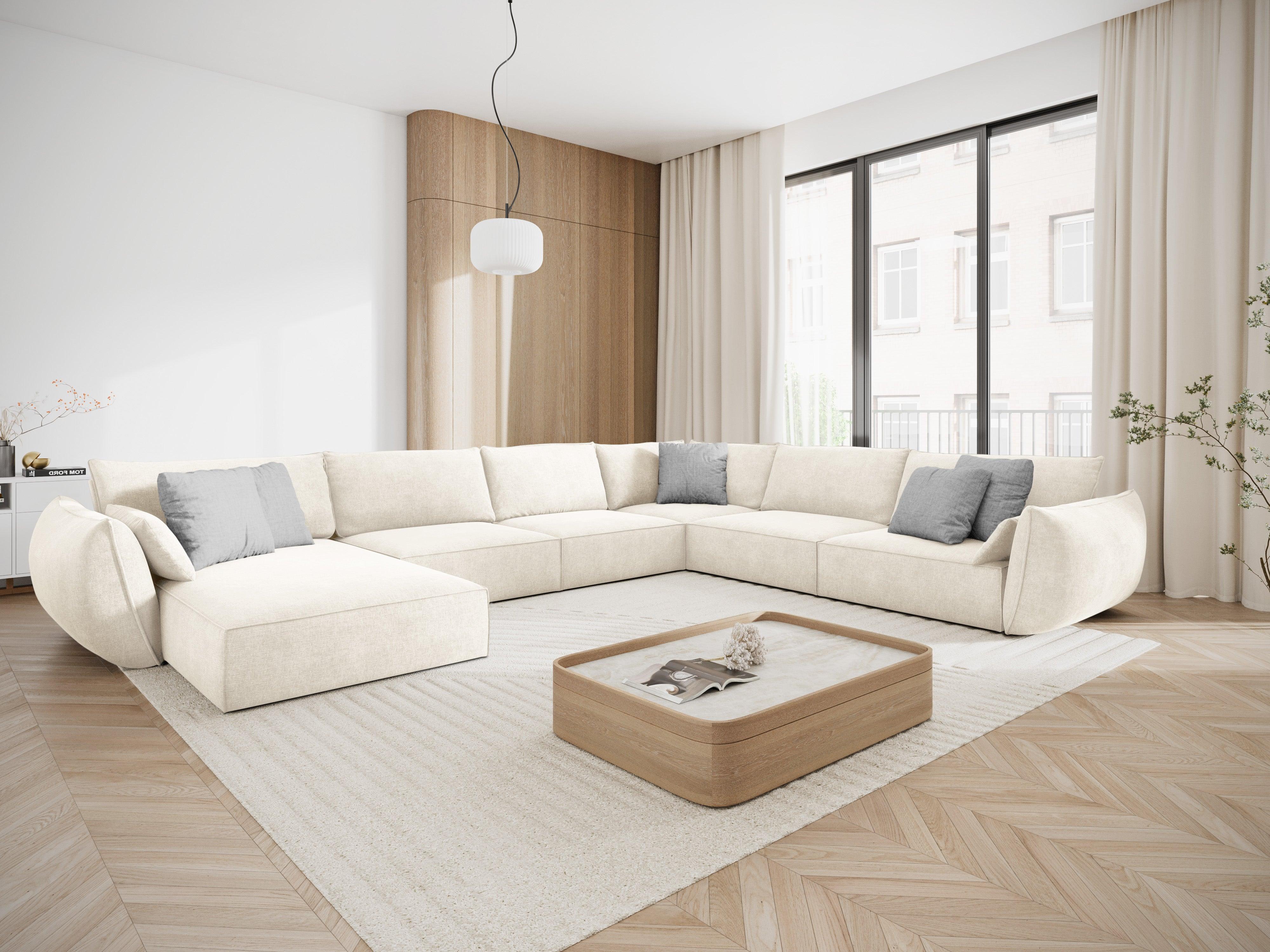 Narożnik panoramiczny w tkaninie szenilowej prawostronny VANDA jasnobeżowy Mazzini Sofas Eye on Design