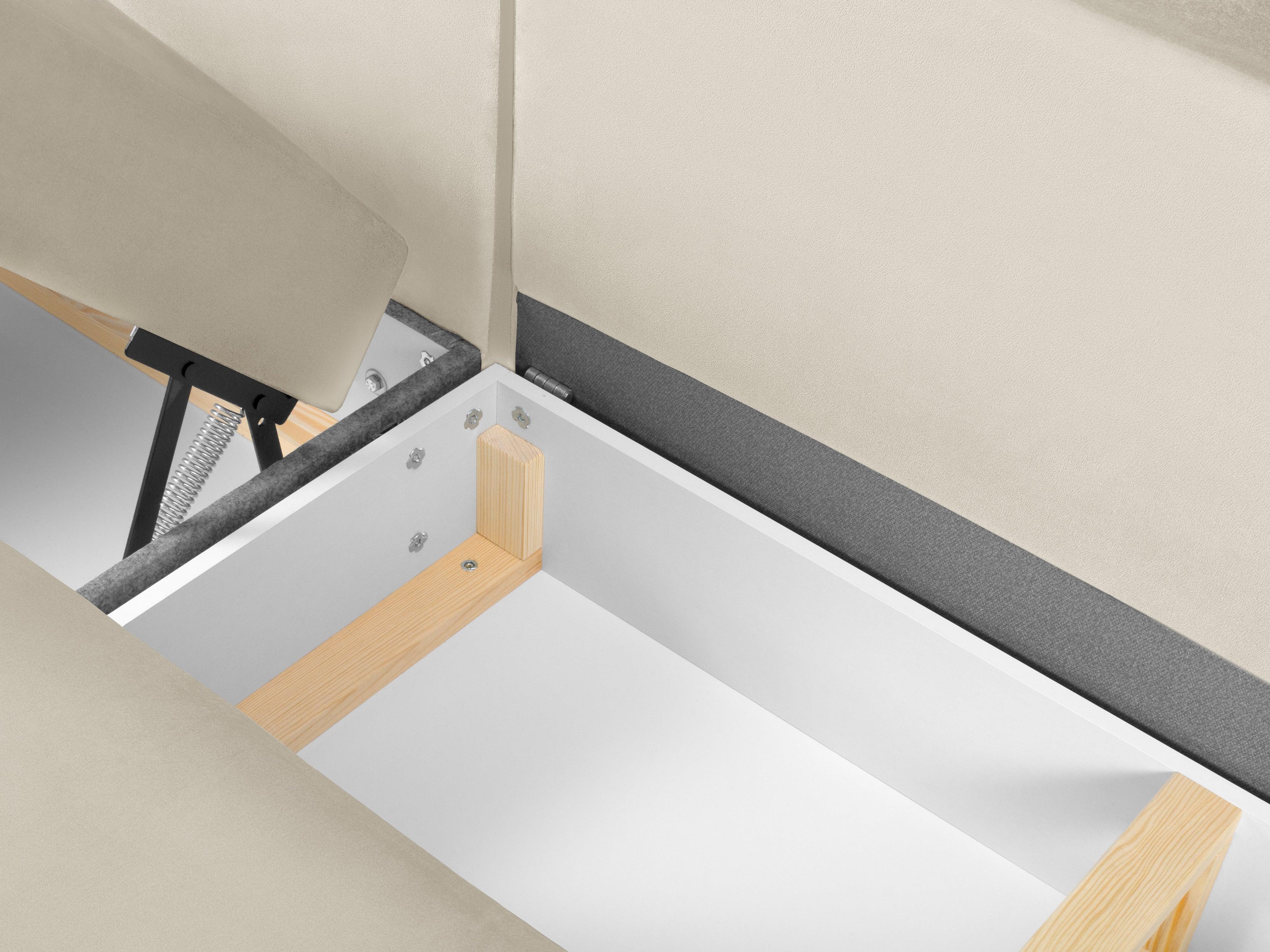 Narożnik prawostronny aksamitny panoramiczny z funkcją spania KYOTO beżowy ze złotą podstawą Cosmopolitan Design Eye on Design