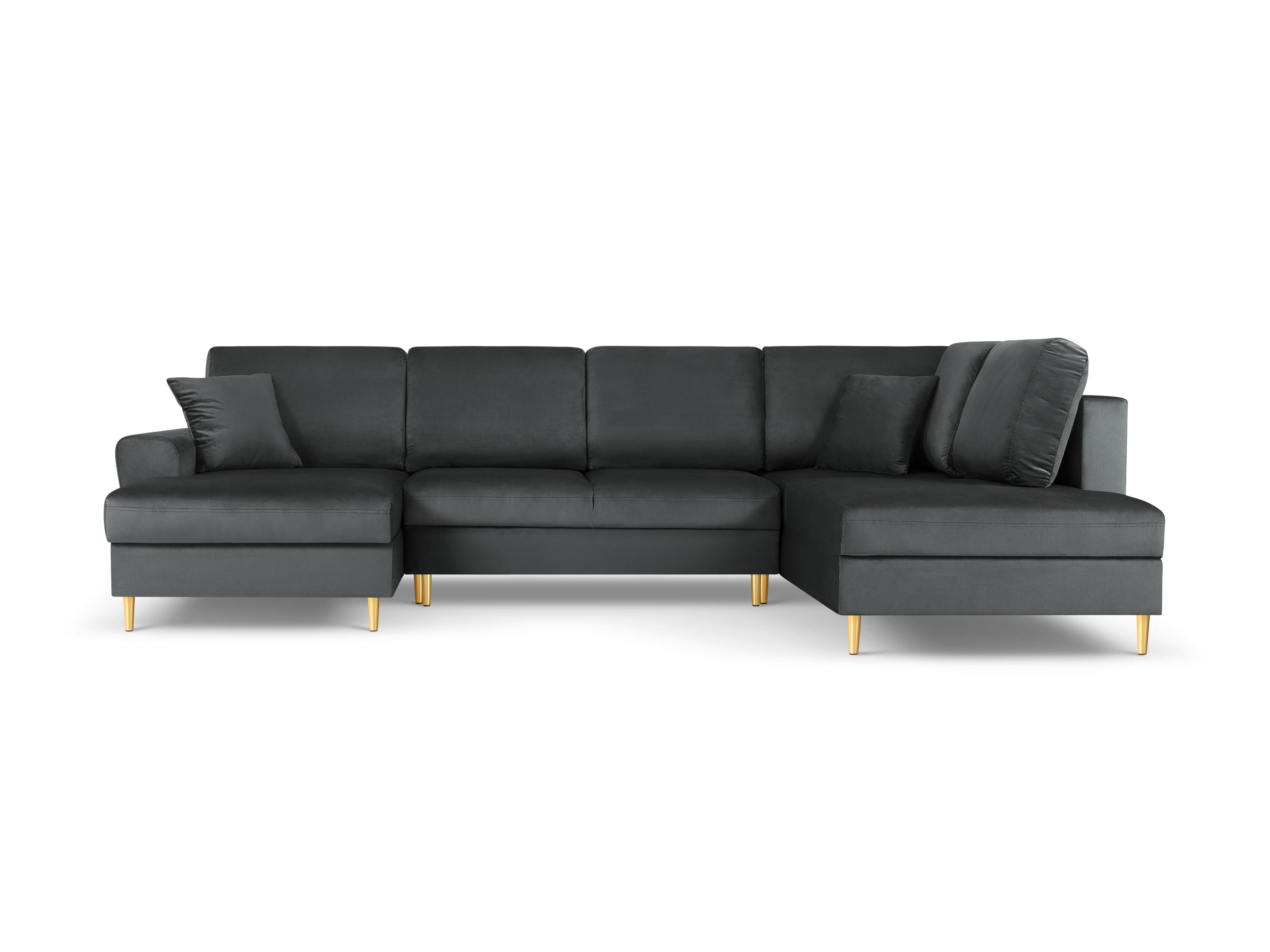 Narożnik prawostronny aksamitny panoramiczny z funkcją spania KYOTO ciemnoszary ze złotą podstawą Cosmopolitan Design Eye on Design