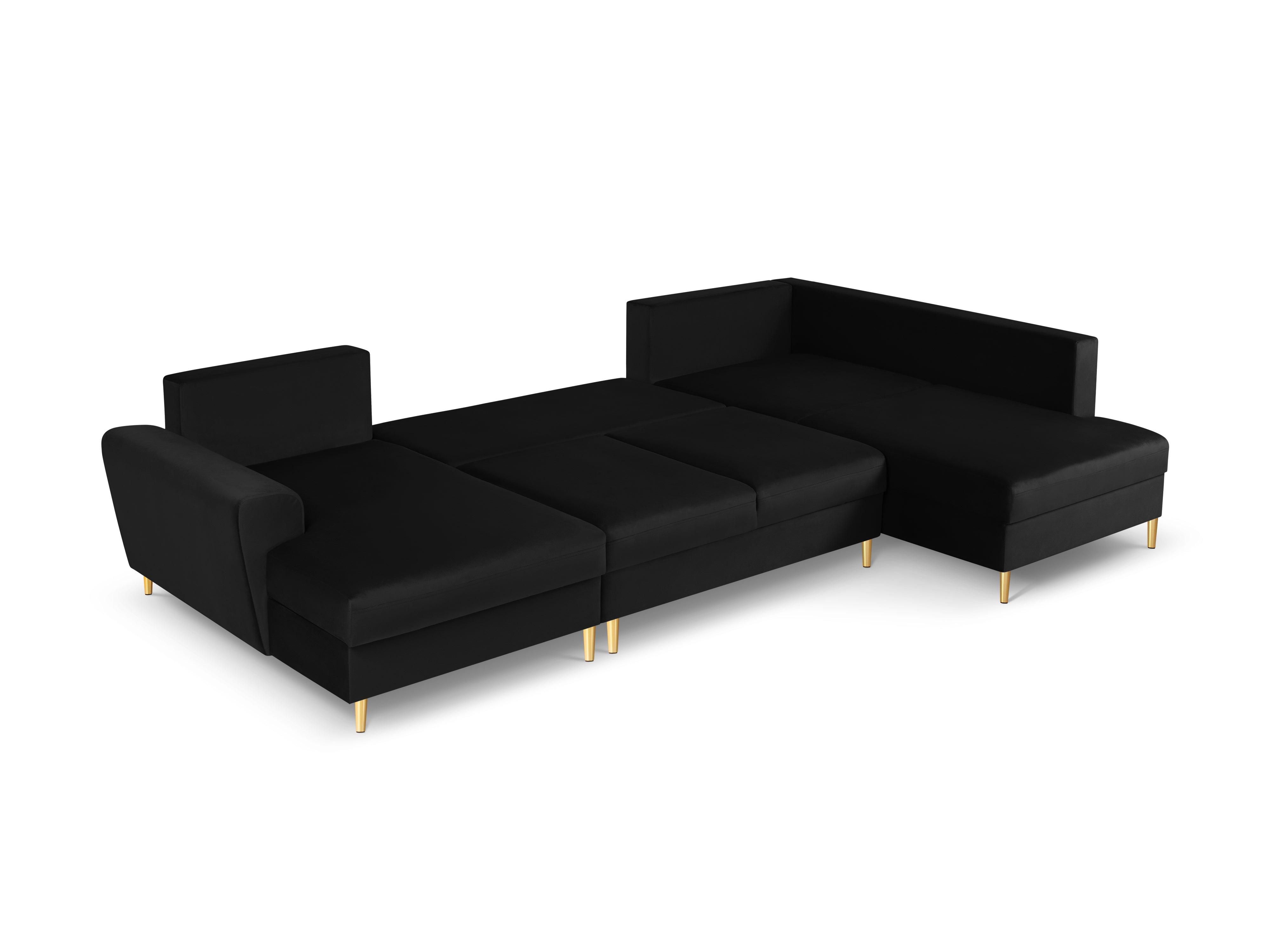 Narożnik prawostronny aksamitny panoramiczny z funkcją spania KYOTO czarny ze złotą podstawą Cosmopolitan Design Eye on Design